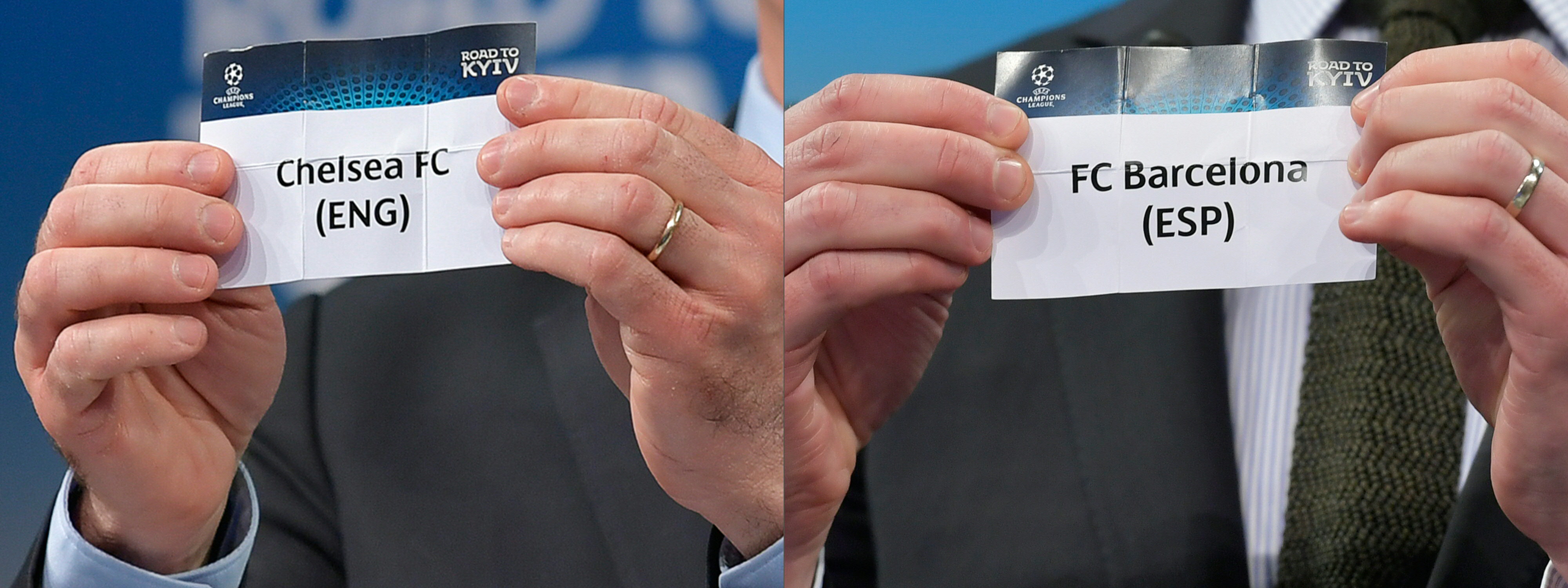 (COMBO) This combination of pictures created on December 11, 2017 shows the slips of Chelsea FC (L) and FC Barcelona (R) during the draw for the round of 16 of the UEFA Champions League football tournament at the UEFA headquarters in Nyon on December 11, 2017.
/ AFP PHOTO / Fabrice COFFRINI (Photo credit should read FABRICE COFFRINI/AFP/Getty Images)