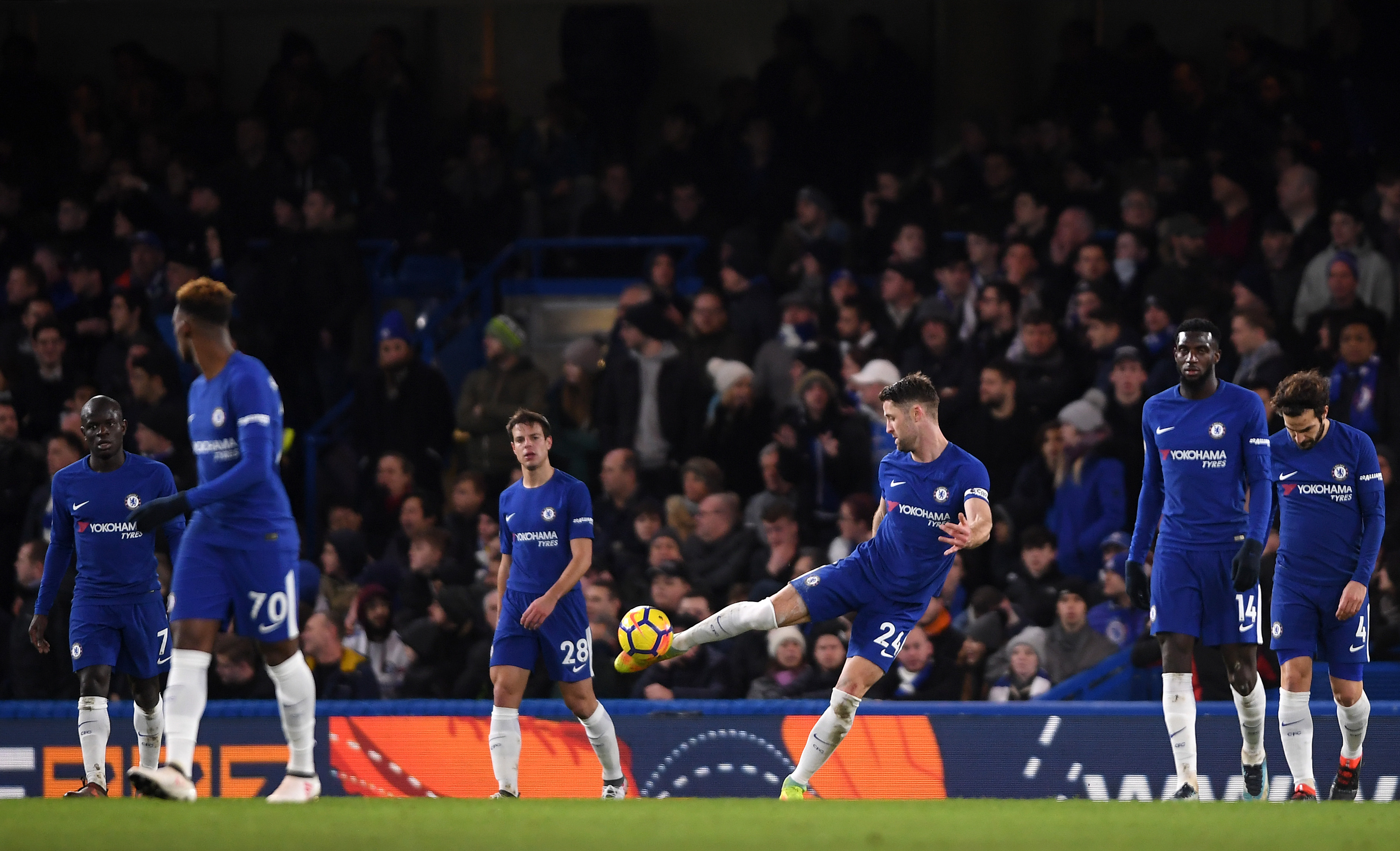 LONDON, ENGLAND - JANUARY 31: Gary Cahill of Chelsea reacts after AFC Bournemouth score there second goal during the Premier League match between Chelsea and AFC Bournemouth at Stamford Bridge on January 31, 2018 in London, England. (Photo by Mike Hewitt/Getty Images)
