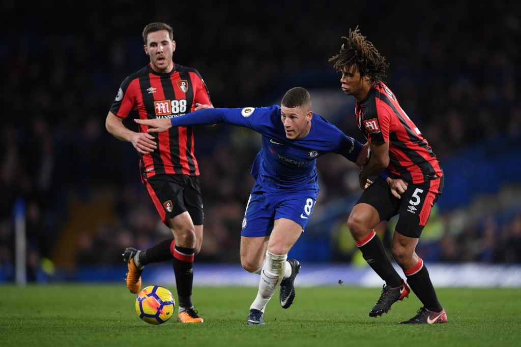 LONDON, ENGLAND - JANUARY 31: Ross Barkley of Chelsea is challenged by Nathan Ake of AFC Bournemouth during the Premier League match between Chelsea and AFC Bournemouth at Stamford Bridge on January 31, 2018 in London, England. (Photo by Shaun Botterill/Getty Images)