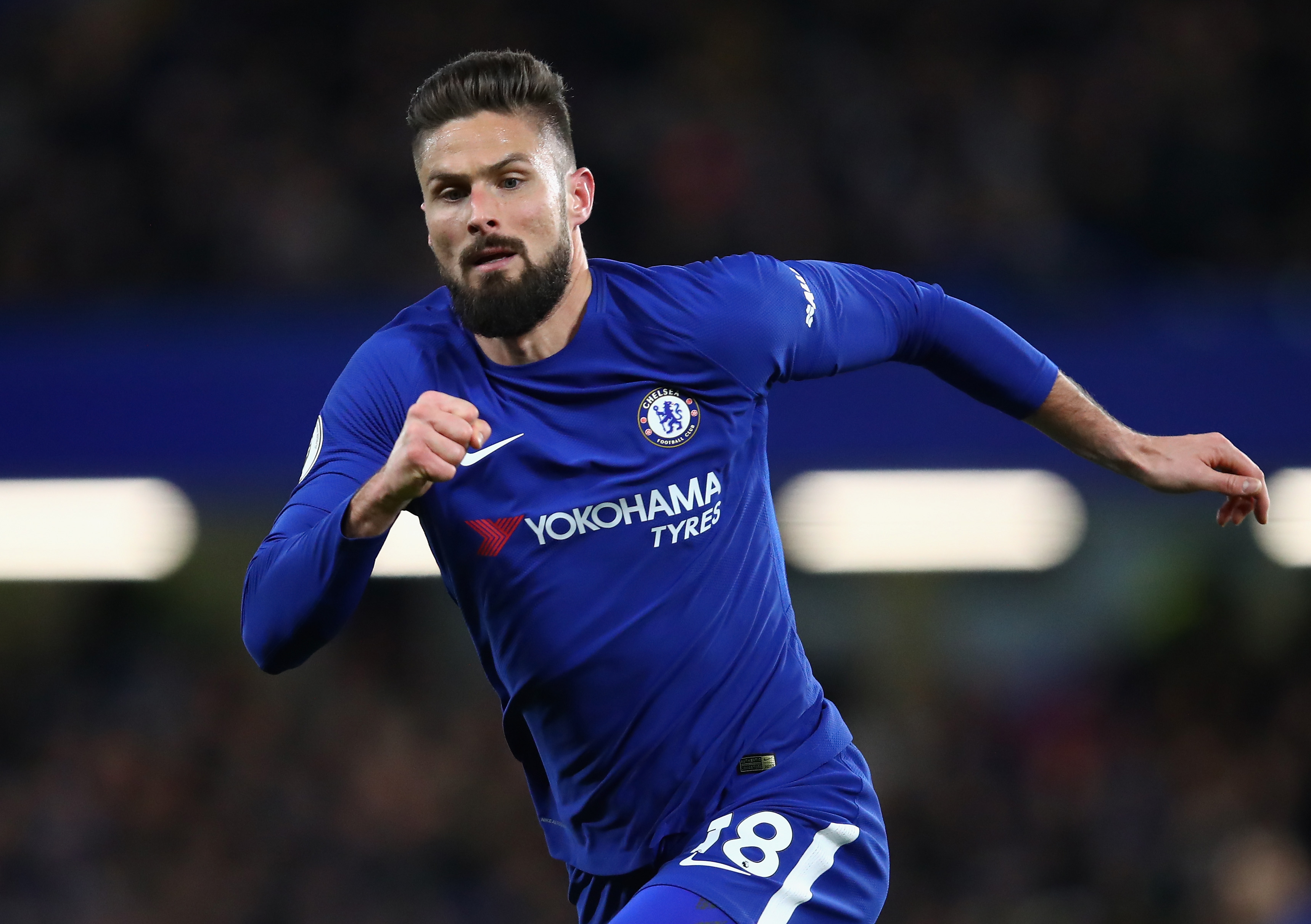 LONDON, ENGLAND - FEBRUARY 12: Olivier Giroud of Chelsea looks on during the Premier League match between Chelsea and West Bromwich Albion at Stamford Bridge on February 12, 2018 in London, England. (Photo by Julian Finney/Getty Images)