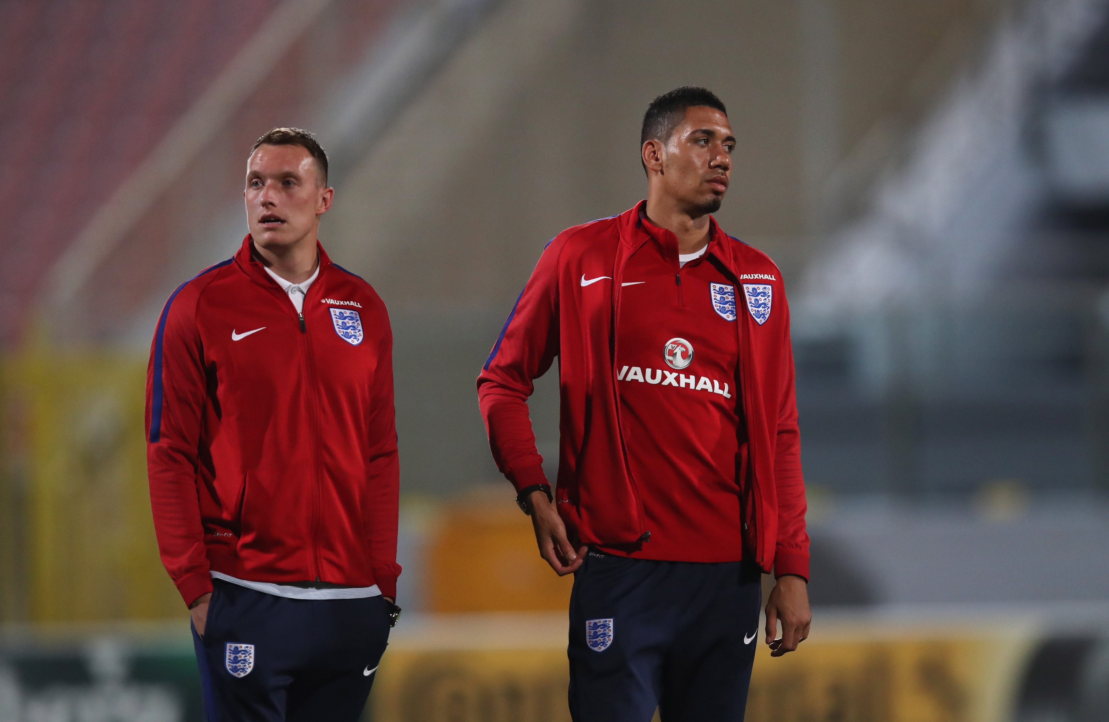 VALLETTA, MALTA - AUGUST 31: Phil Jones and Chris Smalling of England inspect the pitch on the eve of the World Cup qualifying match against Malta at Ta'Qali National Stadium on August 31, 2017 in Valletta, Malta. (Photo by Julian Finney/Getty Images)