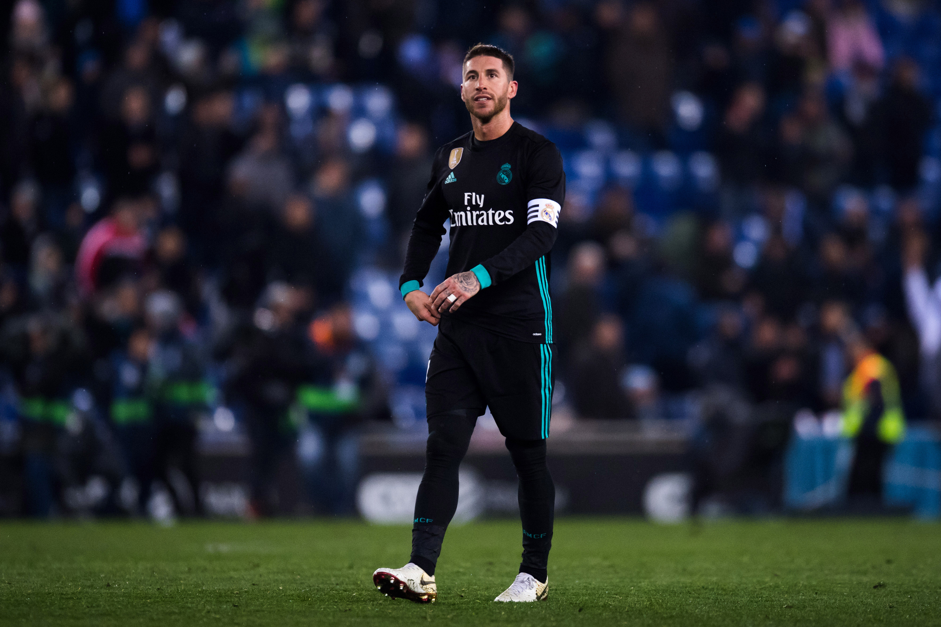 BARCELONA, SPAIN - FEBRUARY 27: Sergio Ramos of Real Madrid CF reacts after defeat after the La Liga match between Espanyol and Real Madrid at RCDE Stadium on February 27, 2018 in Barcelona, Spain. (Photo by Alex Caparros/Getty Images )