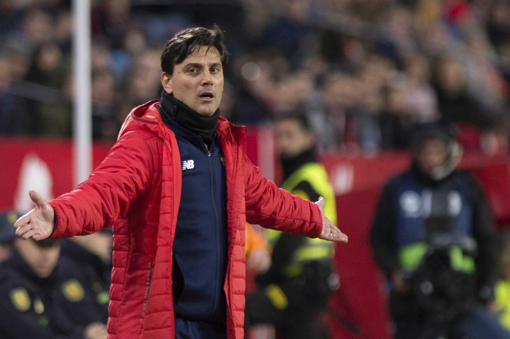 Sevilla's Italian coach Vincenzo Montella gestures during the Spanish league football match between FC Barcelona and Deportivo Alaves at the Camp Nou stadium in Barcelona on January 28, 2018. / AFP PHOTO / JORGE GUERRERO (Photo credit should read JORGE GUERRERO/AFP/Getty Images)