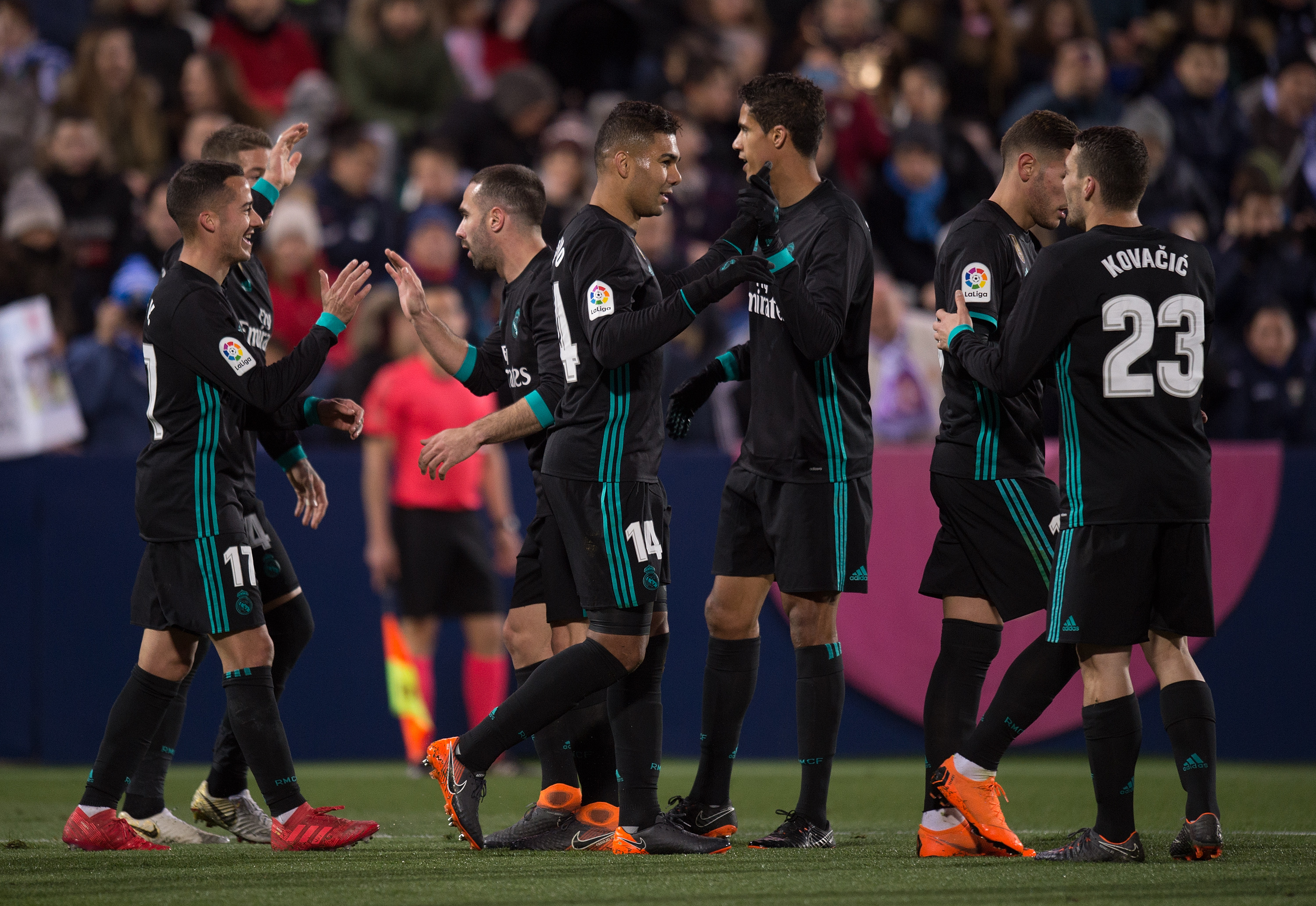 LEGANES, SPAIN - FEBRUARY 21: Henrique Casemiro #14 of Real Madrid celebrates after scoring his team's second goal during the La Liga match between Leganes and Real Madrid at Estadio Municipal de Butarque on February 21, 2018 in Leganes, Spain. (Photo by Denis Doyle/Getty Images )