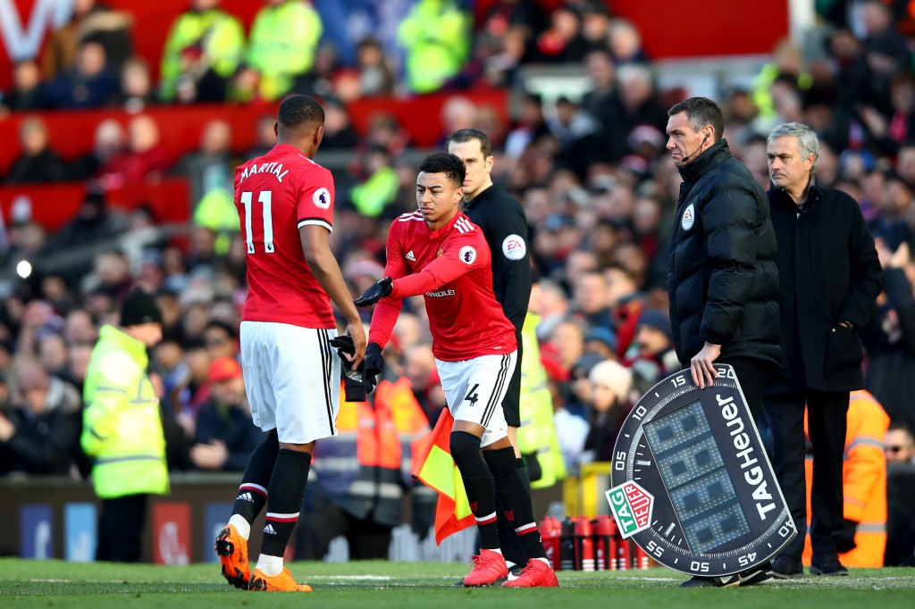 MANCHESTER, ENGLAND - FEBRUARY 25: Anthony Martial of Manchester United is subbed off for Jesse Lingard of Manchester United during the Premier League match between Manchester United and Chelsea at Old Trafford on February 25, 2018 in Manchester, England. (Photo by Clive Brunskill/Getty Images)