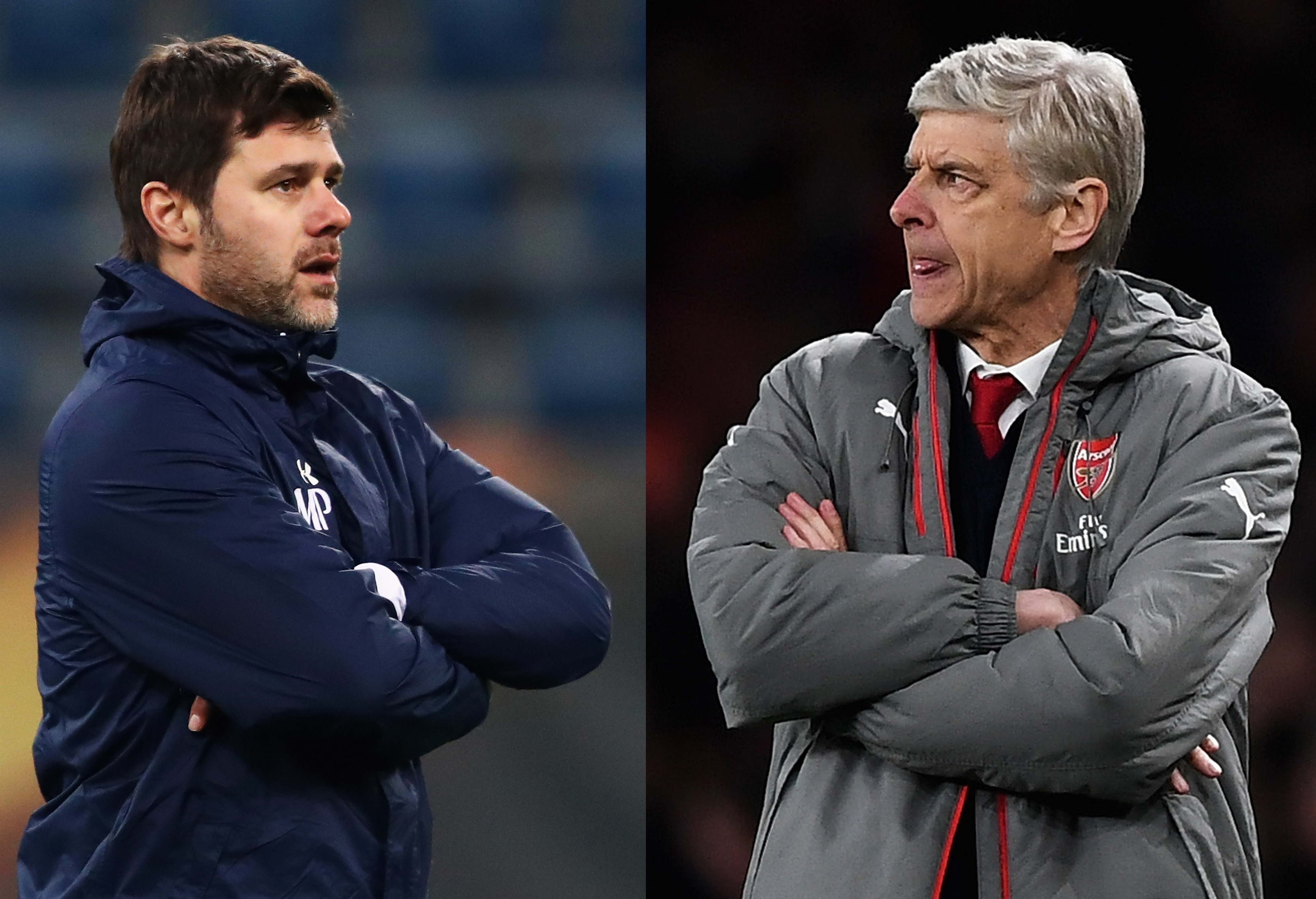 FILE PHOTO (EDITORS NOTE: COMPOSITE OF TWO IMAGES - Image numbers (L) 635481924 and 664948828) In this composite image a comparison has been made between Mauricio Pochettino,Manager of Tottenham Hotspur (L) and Arsene Wenger, Manager of Arsenal. Tottenham Hotspur and Arsenal meet in a Premier League match at Wembley Stadium on February 10,2018 in London,England. ***LEFT IMAGE*** GENT, BELGIUM - FEBRUARY 15: Tottenham Hotspur Head Coach / Manager, Mauricio Pochettino looks on during the Tottenham Hotspur Training Session held at the Ghelamco Arena stadium on February 15, 2017 in Gent, Belgium. KAA Gent will play Tottenham Hotspur in their Europa League match on the February 16, 2017. (Photo by Dean Mouhtaropoulos/Getty Images) ***RIGHT IMAGE*** LONDON, ENGLAND - APRIL 05: Arsene Wenger, Manager of Arsenal looks on during the Premier League match between Arsenal and West Ham United at the Emirates Stadium on April 5, 2017 in London, England. (Photo by Shaun Botterill/Getty Images,)