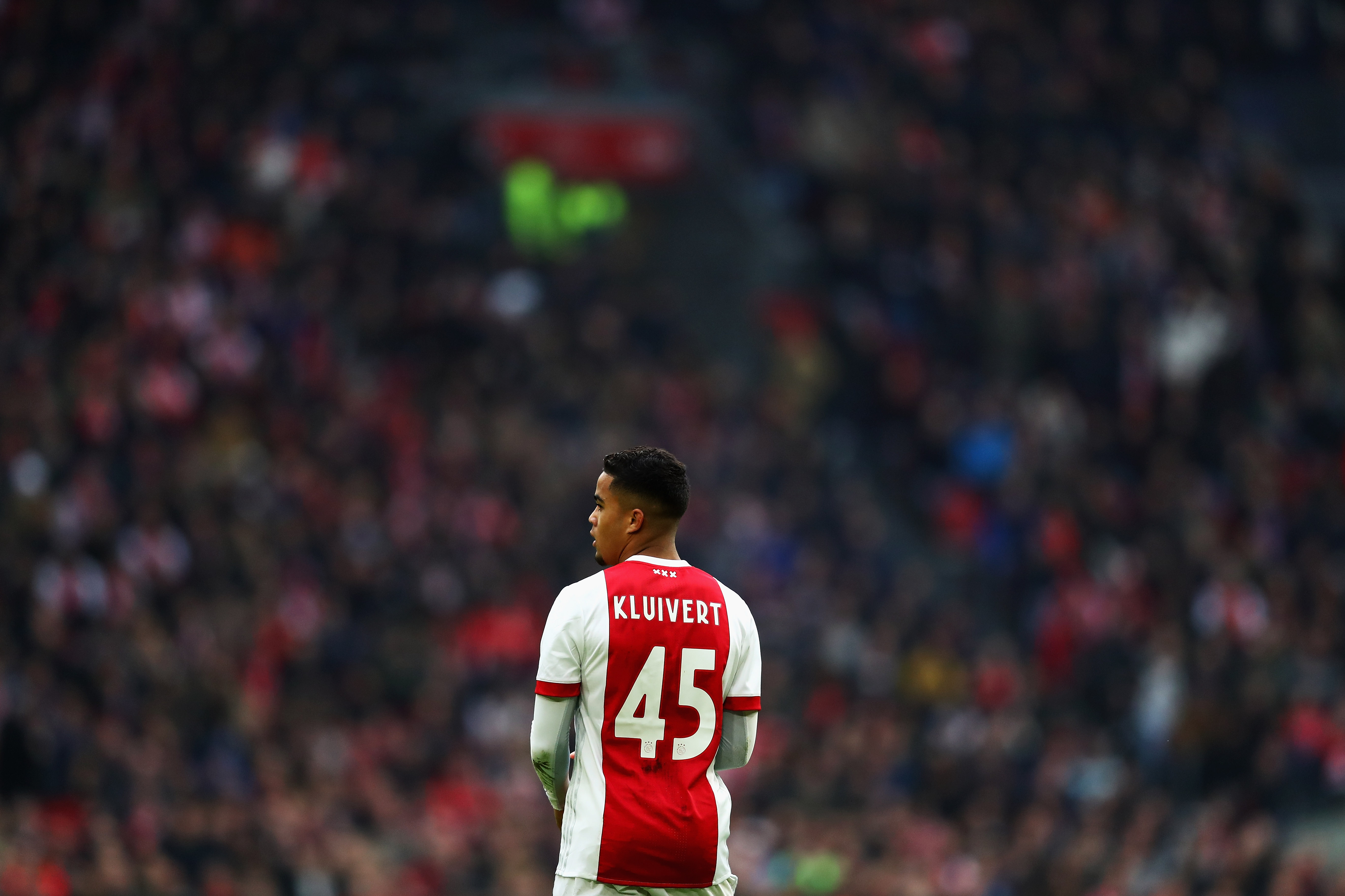 AMSTERDAM, NETHERLANDS - JANUARY 21: Justin Kluivert of Ajax in action during the Dutch Eredivisie match between Ajax Amsterdam and Feyenoord at Amsterdam ArenA on January 21, 2018 in Amsterdam, Netherlands. (Photo by Dean Mouhtaropoulos/Getty Images)