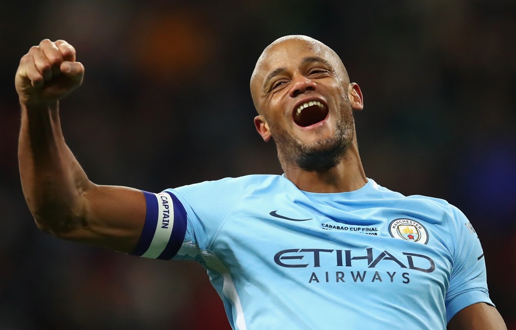 LONDON, ENGLAND - FEBRUARY 25: Vincent Kompany of Manchester City celebrates after winning the Carabao Cup Final between Arsenal and Manchester City at Wembley Stadium on February 25, 2018 in London, England. (Photo by Julian Finney/Getty Images)