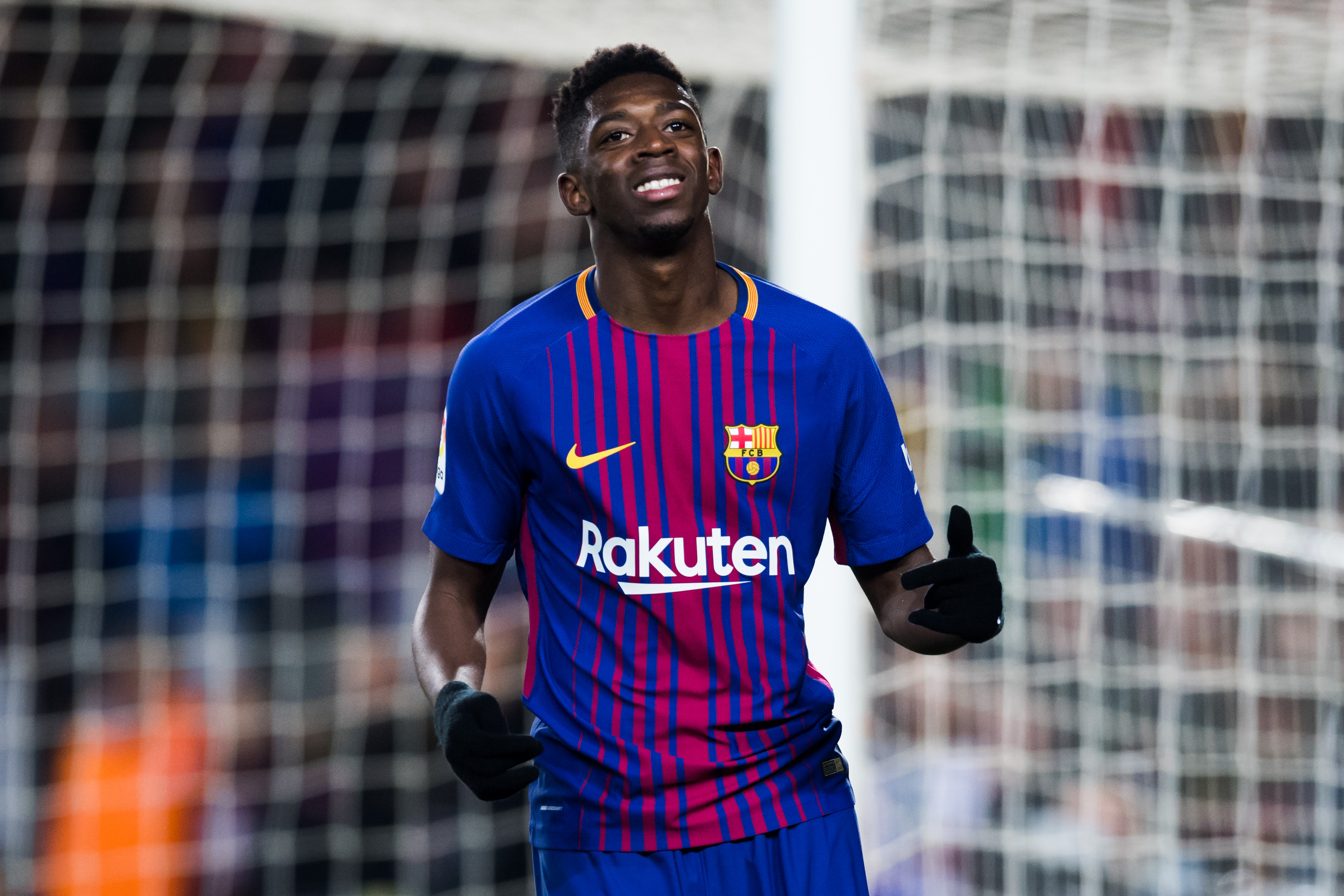 BARCELONA, SPAIN - FEBRUARY 24: Ousmane Dembele of FC Barcelona reacts during the La Liga match between Barcelona and Girona at Camp Nou on February 24, 2018 in Barcelona, Spain. (Photo by Alex Caparros/Getty Images)