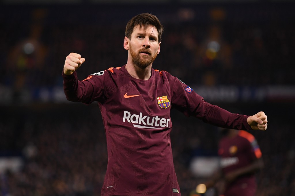 LONDON, ENGLAND - FEBRUARY 20: Lionel Messi of Barcelona celebrates his equaliser during the UEFA Champions League Round of 16 First Leg match between Chelsea FC and FC Barcelona at Stamford Bridge on February 20, 2018 in London, United Kingdom. (Photo by Mike Hewitt/Getty Images)