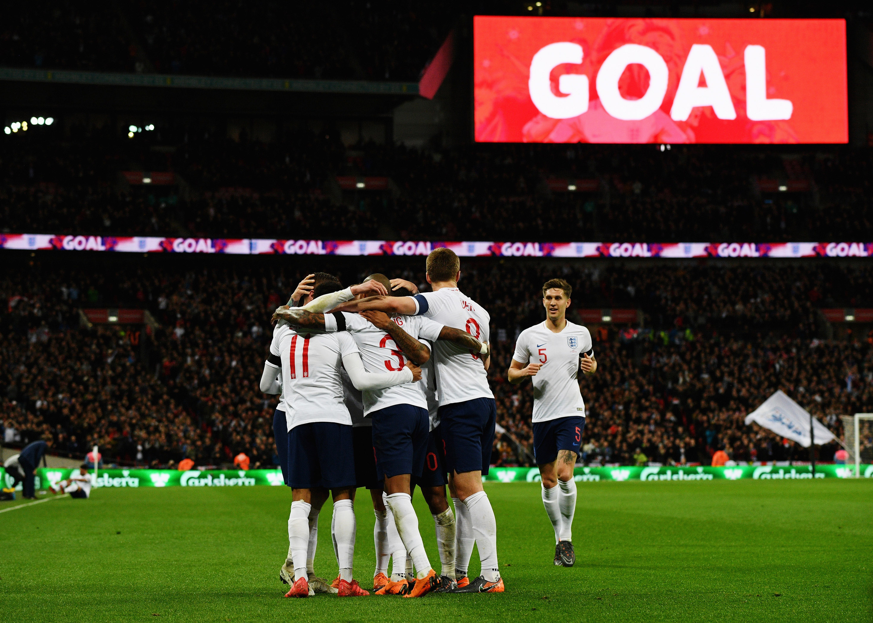 LONDON, ENGLAND - MARCH 27: Jamie Vardy of England celebrates after scoring the opening goal during the friendly match between England and Italy at Wembley Stadium on March 27, 2018 in London, England. (Photo by Claudio Villa/Getty Images)