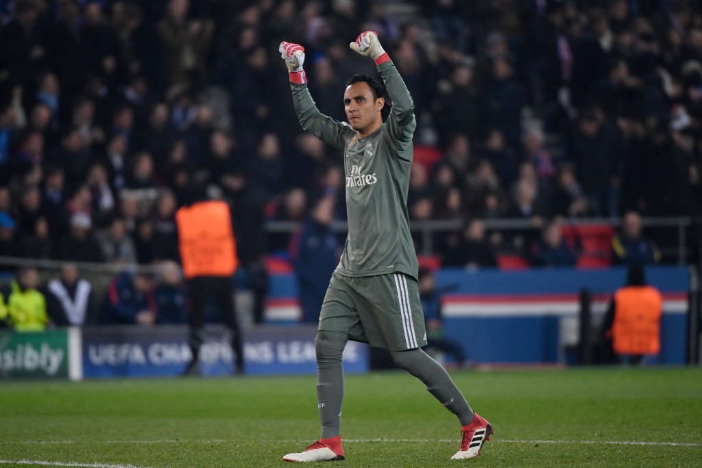 Real Madrid's Costa Rican goalkeeper Keylor Navas reacts after his team's first goal during the UEFA Champions League round of 16 second leg football match between Paris Saint-Germain (PSG) and Real Madrid on March 6, 2018, at the Parc des Princes stadium in Paris. / AFP PHOTO / CHRISTOPHE SIMON (Photo credit should read CHRISTOPHE SIMON/AFP/Getty Images)