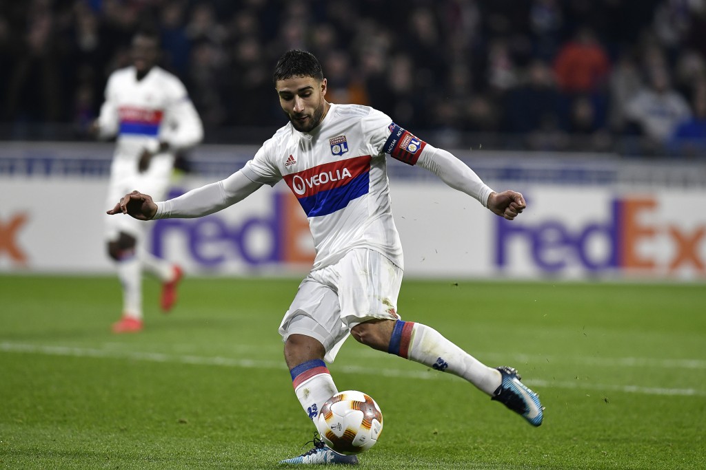 Lyon's French midfielder Nabil Fekir scores a goal during the UEFA Europa League football match between Olympique Lyonnais (OL) and Villarreal CF (VCF) on February 15, 2018, at the Groupama Stadium in Decines-Charpieu, central-eastern France. / AFP PHOTO / JEFF PACHOUD (Photo credit should read JEFF PACHOUD/AFP/Getty Images)
