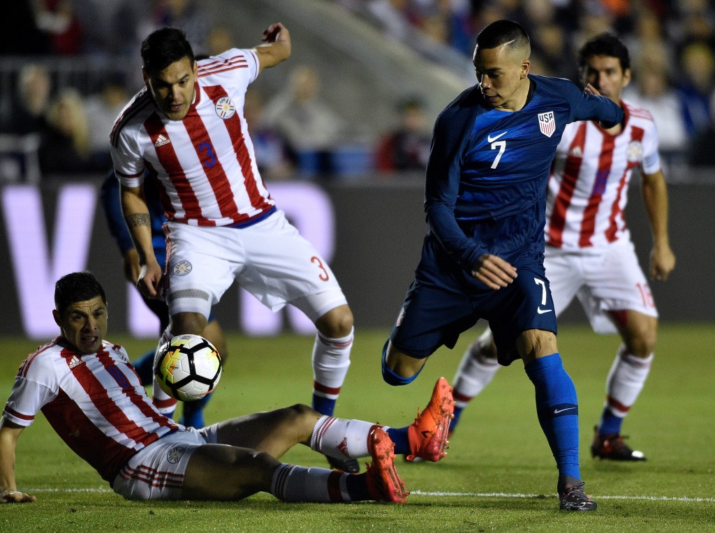 CARY, NC - MARCH 27: Bobby Wood #7 of United States battles Bruno Valdez #5 and Gustavo Gomez #3 of Paraguay for the ball during their game at WakeMed Soccer Park on March 27, 2018 in Cary, North Carolina. (Photo by Grant Halverson/Getty Images)