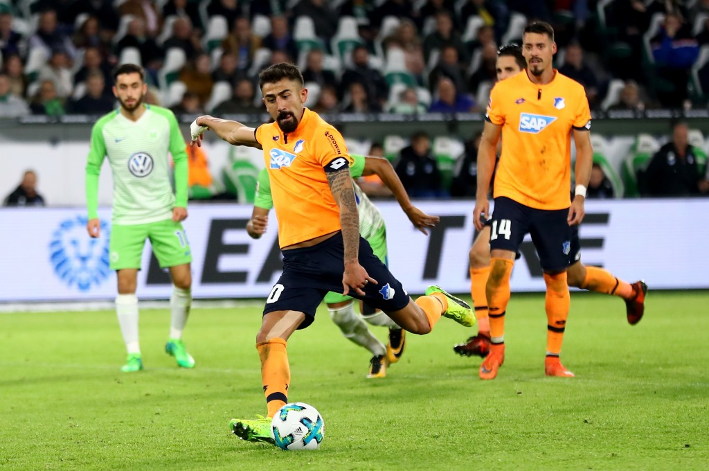 WOLFSBURG, GERMANY - OCTOBER 22: Karem Demirbay #10 of Hoffenheim scores the opening goal by penalty kick during the Bundesliga match between VfL Wolfsburg and TSG 1899 Hoffenheim at Volkswagen Arena on October 22, 2017 in Wolfsburg, Germany. (Photo by Martin Rose/Bongarts/Getty Images)
