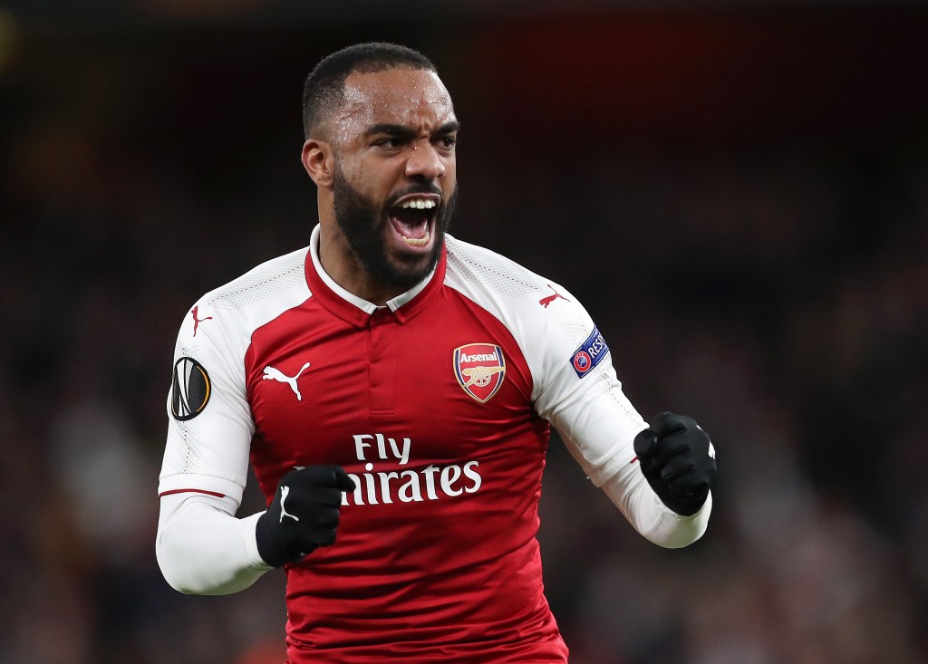 LONDON, ENGLAND - APRIL 05: Alexandre Lacazette of Arsenal celebrates scoring the second goal from the penalty spot during the UEFA Europa League quarter final first leg match between Arsenal FC and CSKA Moskva at Emirates Stadium on April 5, 2018 in London, United Kingdom. (Photo by Dan Istitene/Getty Images,)
