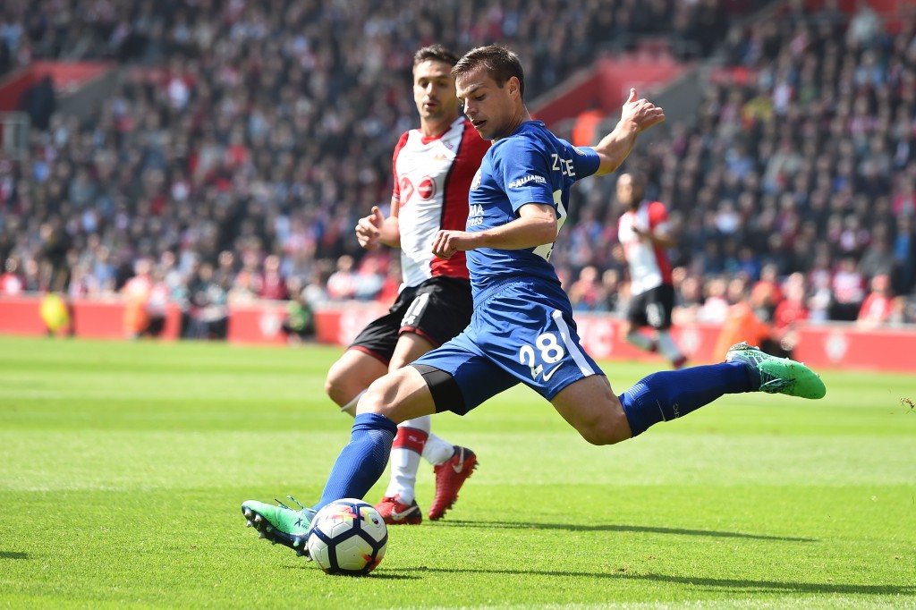 Chelsea's Spanish defender Cesar Azpilicueta plays the ball during the English Premier League football match between Southampton and Chelsea at St Mary's Stadium in Southampton, southern England on April 14, 2018. / AFP PHOTO / Glyn KIRK / RESTRICTED TO EDITORIAL USE. No use with unauthorized audio, video, data, fixture lists, club/league logos or 'live' services. Online in-match use limited to 75 images, no video emulation. No use in betting, games or single club/league/player publications. / (Photo credit should read GLYN KIRK/AFP/Getty Images)