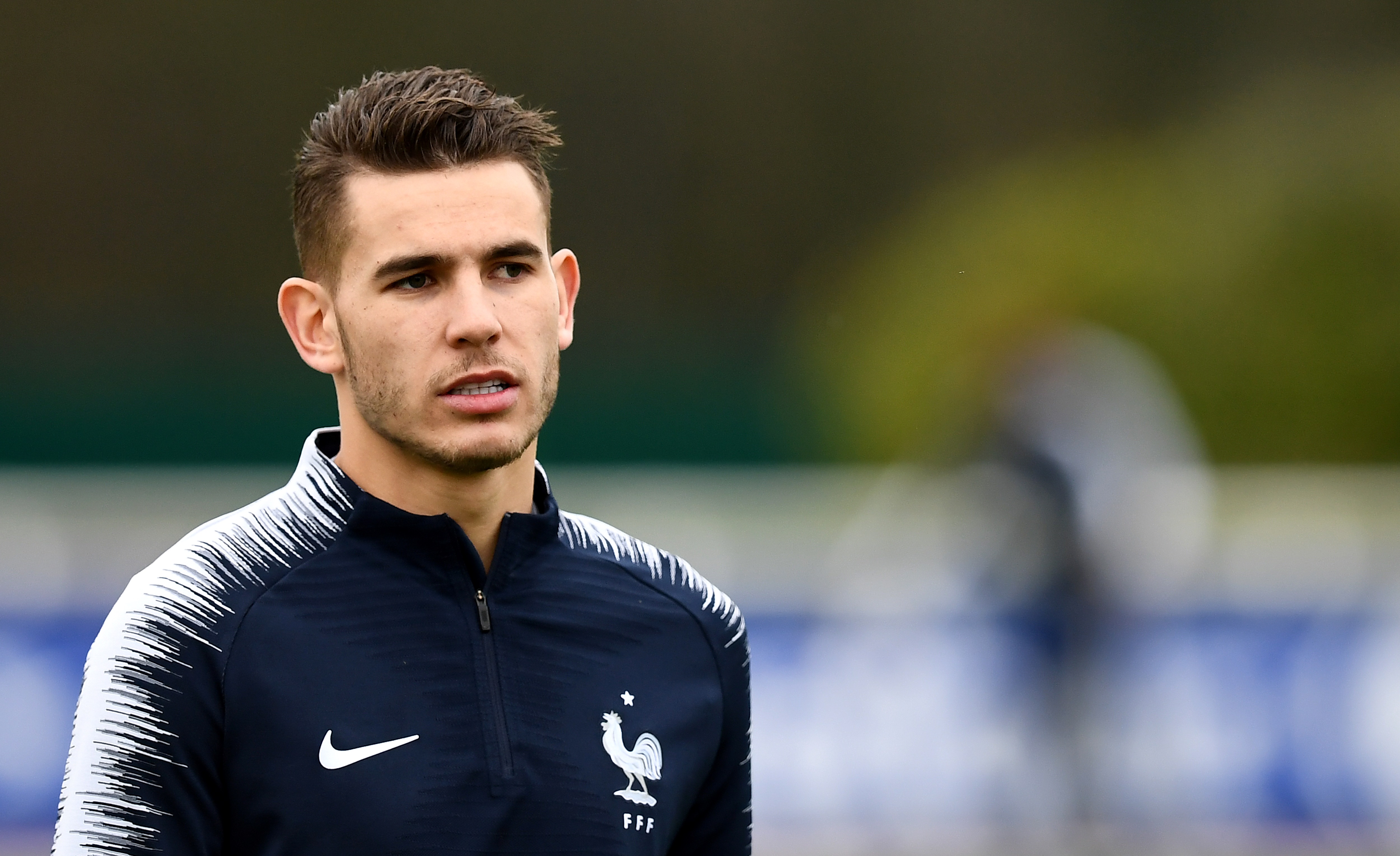 France's defender Lucas Hernandez takes part in a training session in Clairefontaine-en-Yvelines on March 25, 2018, as part of the team's preparation for the friendly football match against Russia. / AFP PHOTO / FRANCK FIFE (Photo credit should read FRANCK FIFE/AFP/Getty Images)