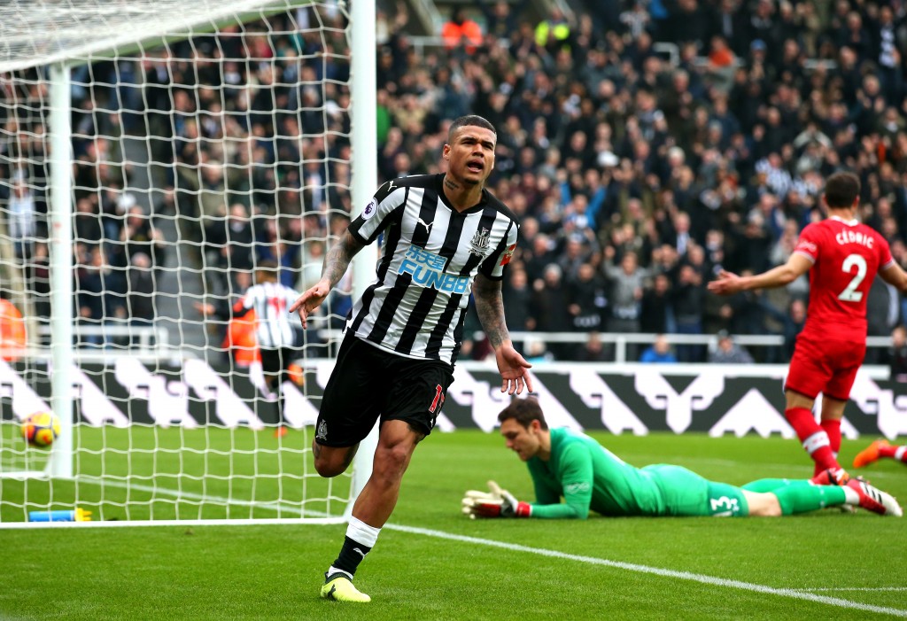 NEWCASTLE UPON TYNE, ENGLAND - MARCH 10: Kenedy of Newcastle United celebrates scoring his side's second goal during the Premier League match between Newcastle United and Southampton at St. James Park on March 10, 2018 in Newcastle upon Tyne, England. (Photo by Alex Livesey/Getty Images)