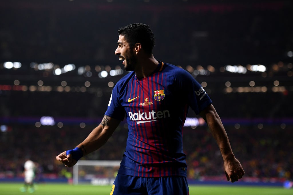 MADRID, SPAIN - APRIL 21: Luis Suarez of Barcelona celebrates scoring the first goal of the game during the Spanish Copa del Rey match between Barcelona and Sevilla at Wanda Metropolitano on April 21, 2018 in Barcelona, . (Photo by Denis Doyle/Getty Images)