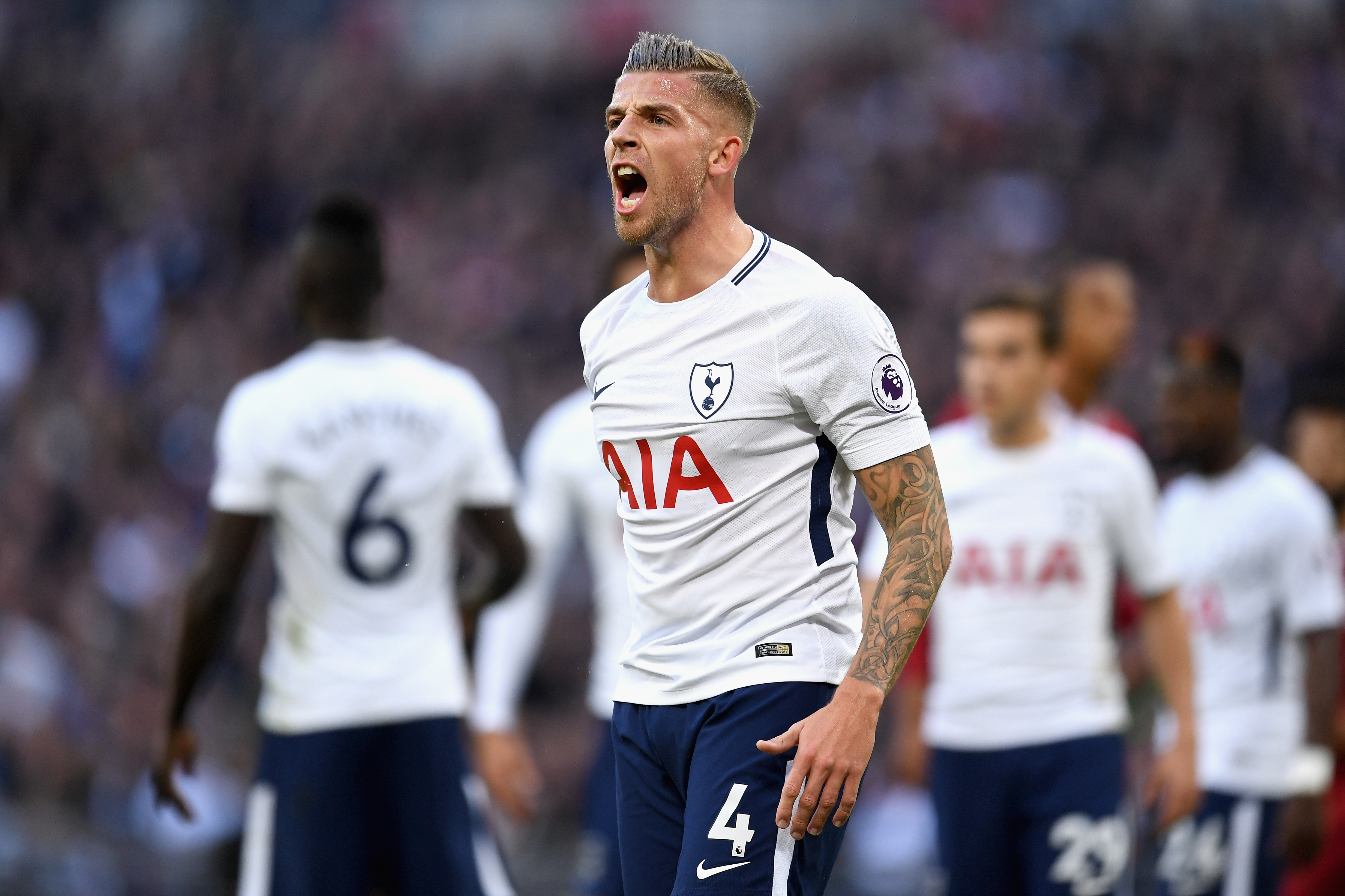 LONDON, ENGLAND - OCTOBER 22: Toby Alderweireld of Tottenham Hotspur reacts during the Premier League match between Tottenham Hotspur and Liverpool at Wembley Stadium on October 22, 2017 in London, England. (Photo by David Ramos/Getty Images)