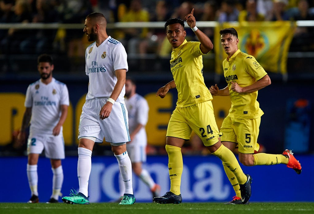 VILLARREAL, SPAIN - MAY 19: Roger Martinez of Villarreal celebrates after scoring his sides first goal during the La Liga match between Villarreal and Real Madrid at Estadio de La Ceramica on May 19, 2018 in Villarreal, Spain. (Photo by Manuel Queimadelos Alonso/Getty Images)