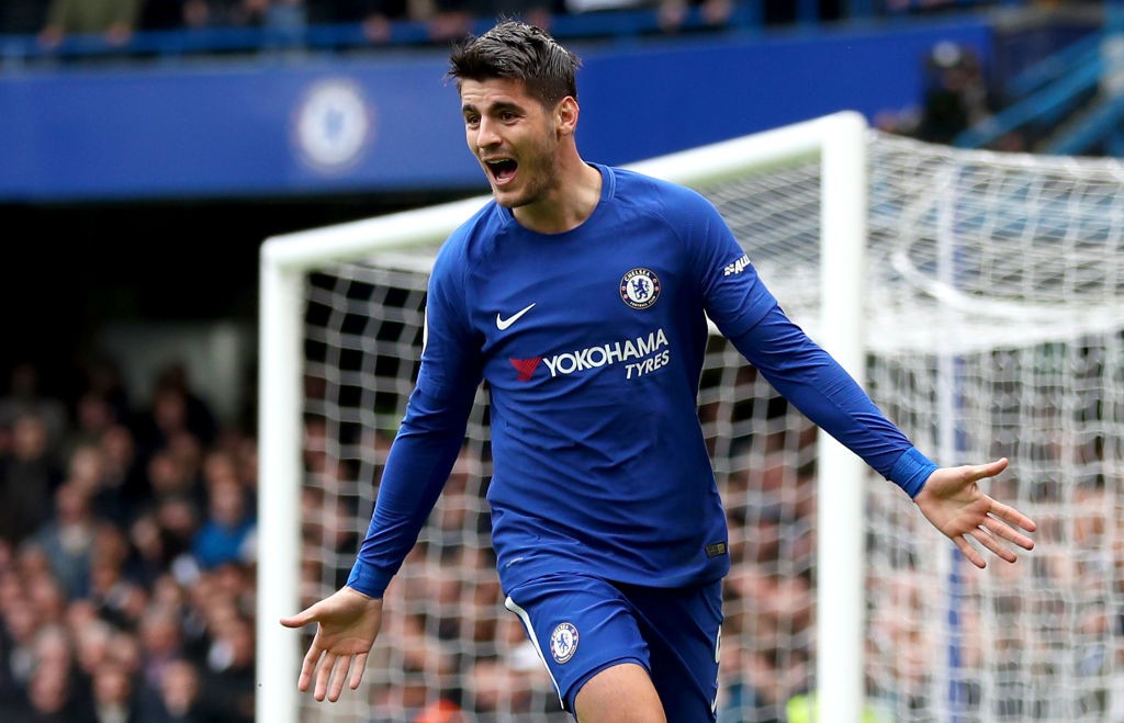 LONDON, ENGLAND - APRIL 01: Alvaro Morata of Chelsea celebrates after scoring his sides first goal during the Premier League match between Chelsea and Tottenham Hotspur at Stamford Bridge on April 1, 2018 in London, England. (Photo by Catherine Ivill/Getty Images)