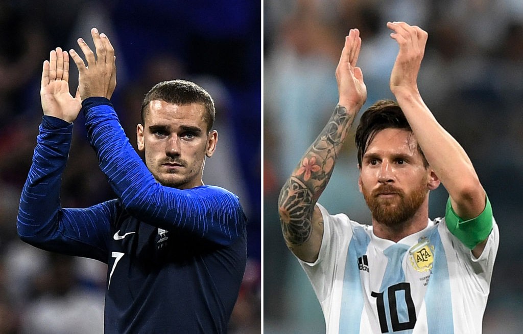 (COMBO) This combination of pictures created on June 28, 2018 shows France's forward Antoine Griezmann in Decines-Charpieu, near Lyon on June 9, 2018 (L) and Argentina's forward Lionel Messi in Saint Petersburg on June 26, 2018. - France will play Argentina in their Russia 2018 World Cup round of 16 football match at the Kazan Arena in Kazan on June 30, 2018. (Photo by Jeff PACHOUD and Gabriel BOUYS / AFP) (Photo credit should read JEFF PACHOUD,GABRIEL BOUYS/AFP/Getty Images)