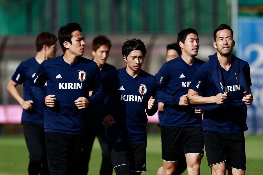 Japan's players take part in a training session in Kazan on June 21, 2018, ahead of the team's Russia 2018 World Cup Group H football match against Senegal. (Photo by Benjamin CREMEL / AFP) (Photo credit should read BENJAMIN CREMEL/AFP/Getty Images)