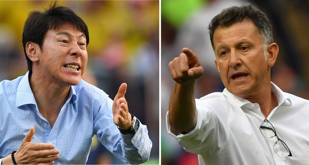(COMBO) This combination of photos created on June 21, 2018 shows South Korea's coach Shin Tae-yong in Nizhny Novgorod on June 18, 2018 (L) and Mexico's coach Juan Carlos Osorio in Moscow on June 17, 2018. - South Korea will play Mexico in their Russia 2018 World Cup Group F football match at the Rostov Arena in Rostov-On-Don on June 23, 2018. (Photo by Johannes EISELE and Yuri CORTEZ / AFP) (Photo credit should read JOHANNES EISELE,YURI CORTEZ/AFP/Getty Images)