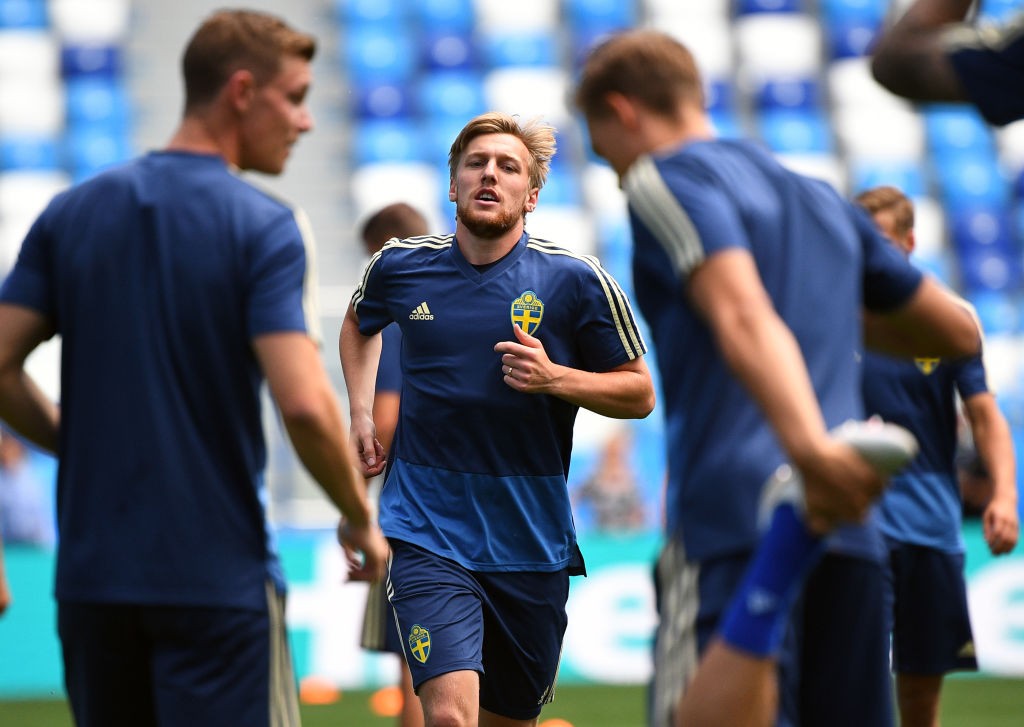 Sweden's midfielder Emil Forsberg attends a training session at the Nizhny Novgorod Stadium in Nizhny Novgorod on June 17, 2018 on the eve of the Russia 2018 World Cup Group F football match between Sweden and South Korea. (Photo by Johannes EISELE / AFP) (Photo credit should read JOHANNES EISELE/AFP/Getty Images)