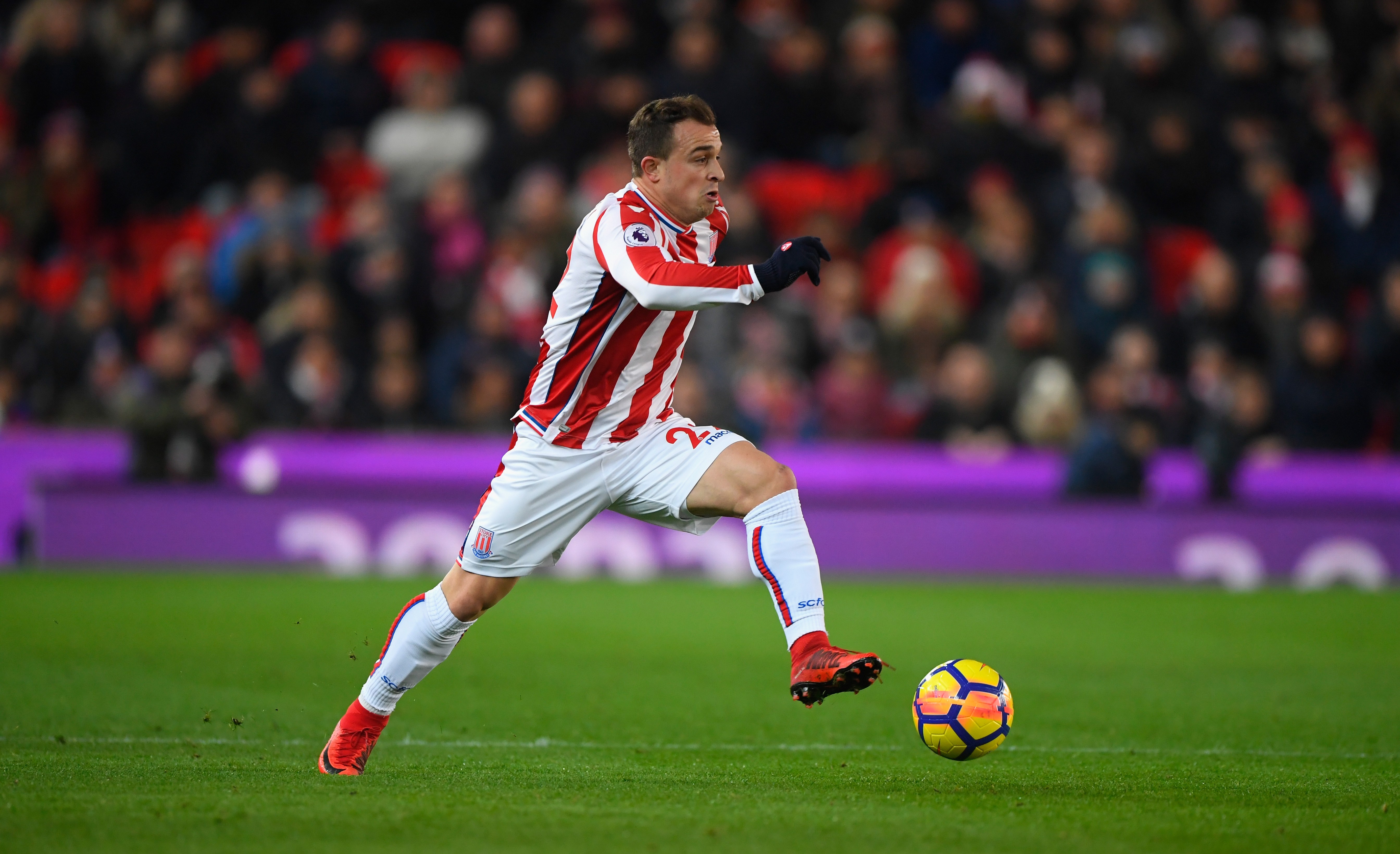 STOKE ON TRENT, ENGLAND - NOVEMBER 29: Stoke player Xherdan Shaqiri in action during the Premier League match between Stoke City and Liverpool at Bet365 Stadium on November 29, 2017 in Stoke on Trent, England. (Photo by Stu Forster/Getty Images)