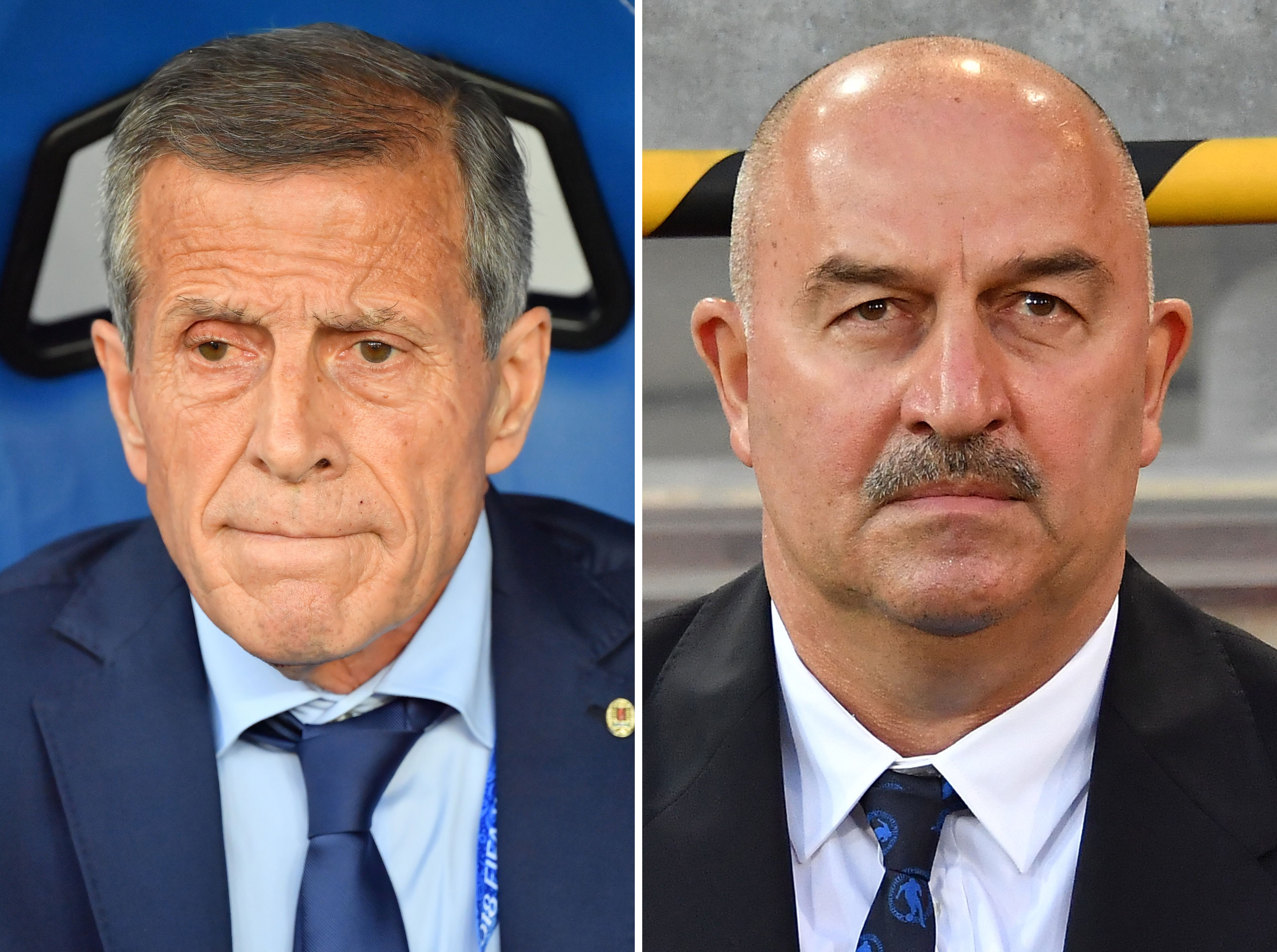 (COMBO) This combination of two files pictures created on June 23, 2018 shows Uruguay's coach Oscar Washington Tabarez (L) in Rostov-On-Don on June 20, 2018 and Russia's head coach Stanislav Cherchesov in Innsbruck, Austria on May 30, 2018. - Uruguay will play Russia in their Russia 2018 World Cup Group A football match at the Samara Arena in Samara on June 25, 2018. (Photo by Pascal GUYOT and Joe KLAMAR / AFP) (Photo credit should read PASCAL GUYOT,JOE KLAMAR/AFP/Getty Images)