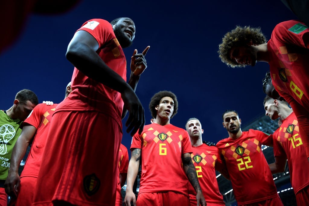 KAZAN, RUSSIA - JULY 06: Romelu Lukaku of Belgium motivates team mates prior to during the 2018 FIFA World Cup Russia Quarter Final match between Brazil and Belgium at Kazan Arena on July 6, 2018 in Kazan, Russia. (Photo by Shaun Botterill/Getty Images)