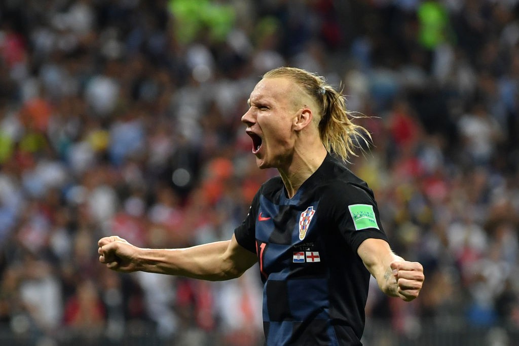 MOSCOW, RUSSIA - JULY 11: Domagoj Vida of Croatia celebrates following his sides victory in the 2018 FIFA World Cup Russia Semi Final match between England and Croatia at Luzhniki Stadium on July 11, 2018 in Moscow, Russia. (Photo by Dan Mullan/Getty Images)