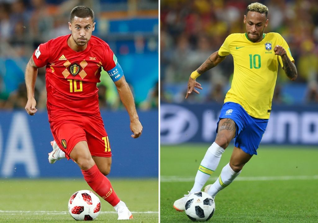 (COMBO) This combination of photos created on July 4, 2018 shows Belgium's forward Eden Hazard in Rostov-On-Don on July 2, 2018 (L) and Brazil's forward Neymar in Moscow on June 27, 2018. - Brazil will face Belgium in their Russia 2018 World Cup quarter-final football match at the Kazan Arena in Kazan on July 6, 2018. (Photo by Patrik STOLLARZ and Odd ANDERSEN / AFP) (Photo credit should read PATRIK STOLLARZ,ODD ANDERSEN/AFP/Getty Images)