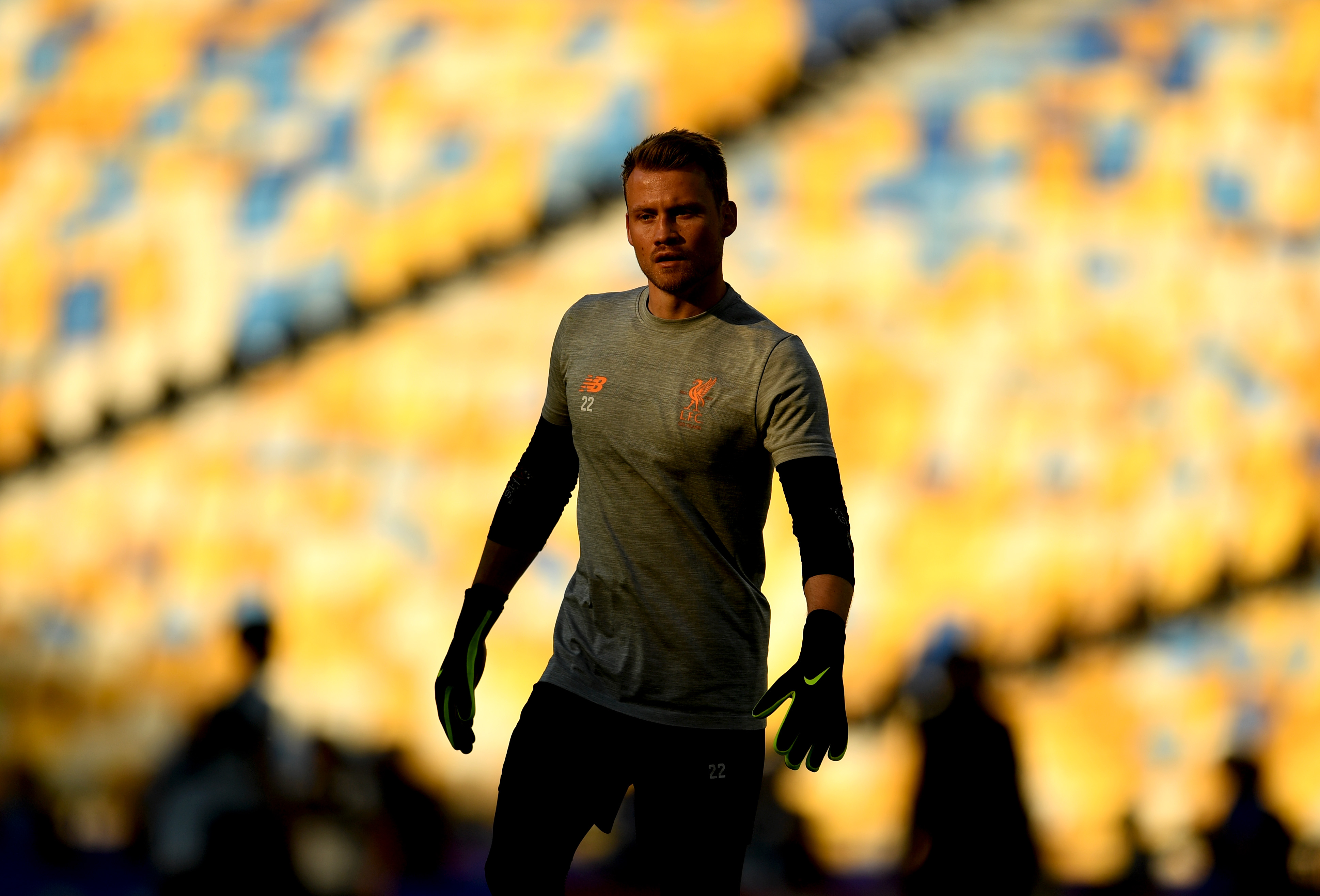 KIEV, UKRAINE - MAY 25: Simon Mignolet of Liverpool looks on during a Liverpool training session ahead of the UEFA Champions League Final against Real Madrid at NSC Olimpiyskiy Stadium on May 25, 2018 in Kiev, Ukraine. (Photo by David Ramos/Getty Images)