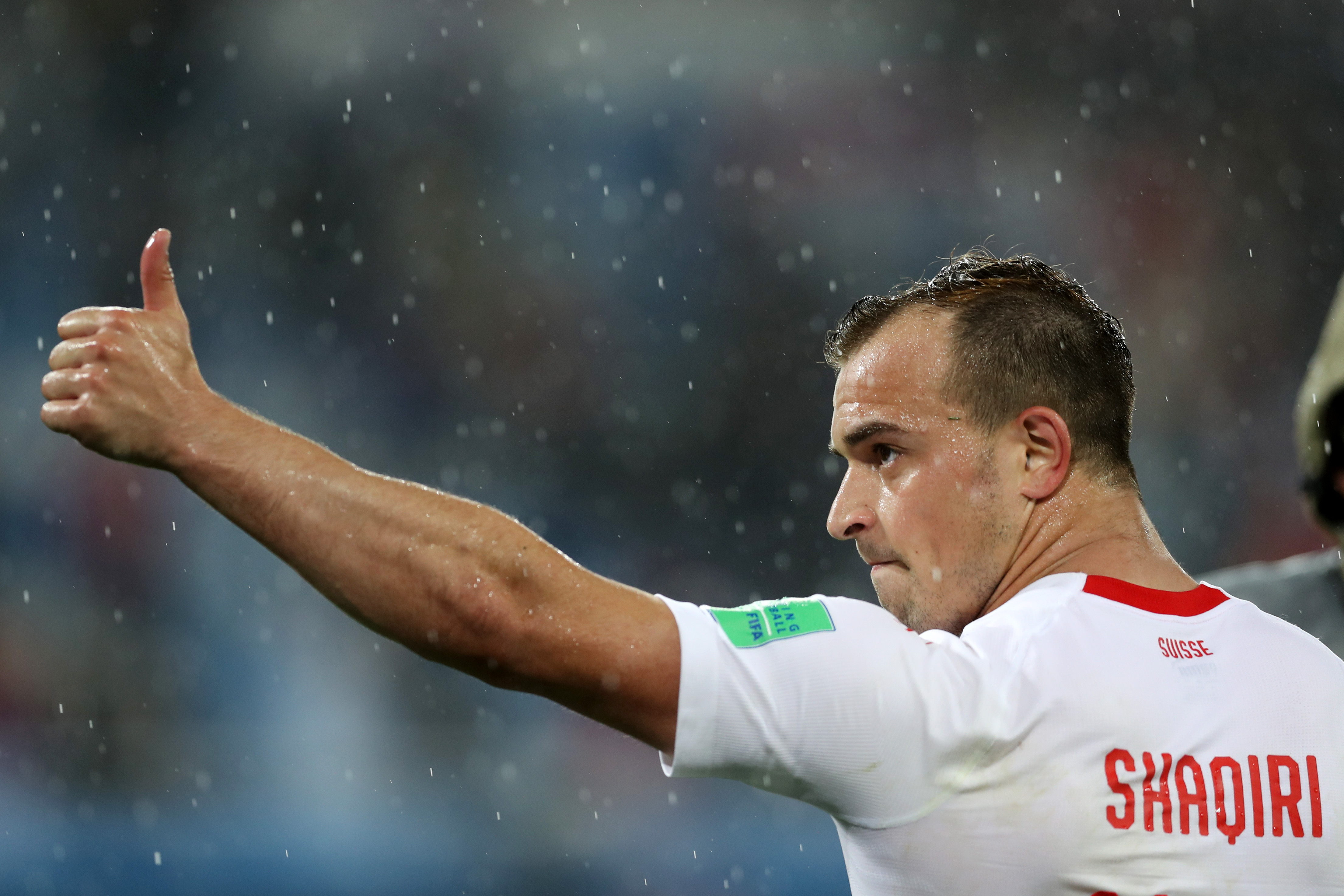 KALININGRAD, RUSSIA - JUNE 22: Xherdan Shaqiri of Switzerland celebrates following his sides victory in the 2018 FIFA World Cup Russia group E match between Serbia and Switzerland at Kaliningrad Stadium on June 22, 2018 in Kaliningrad, Russia. (Photo by Clive Rose/Getty Images)