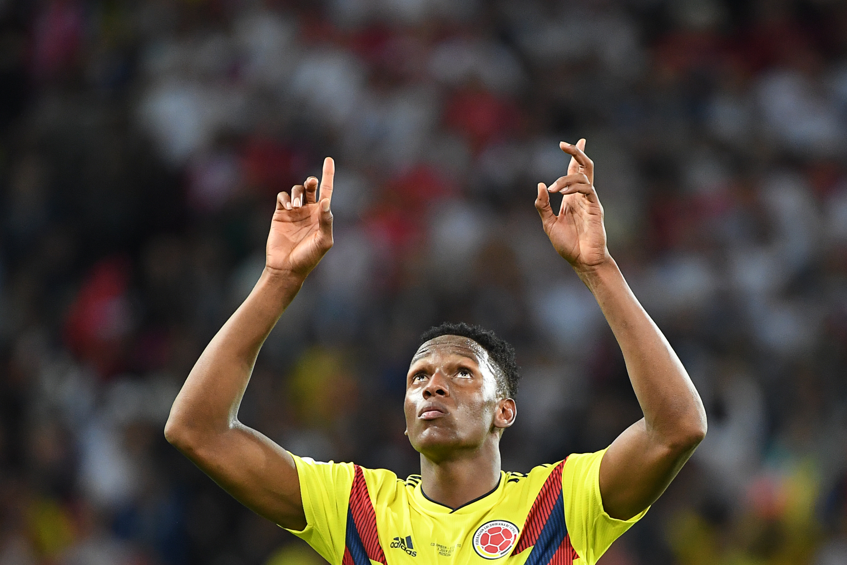 Colombia's defender Yerry Mina celebrates after scoring the equalizer during the Russia 2018 World Cup round of 16 football match between Colombia and England at the Spartak Stadium in Moscow on July 3, 2018. (Photo by YURI CORTEZ / AFP) / RESTRICTED TO EDITORIAL USE - NO MOBILE PUSH ALERTS/DOWNLOADS (Photo credit should read YURI CORTEZ/AFP/Getty Images)