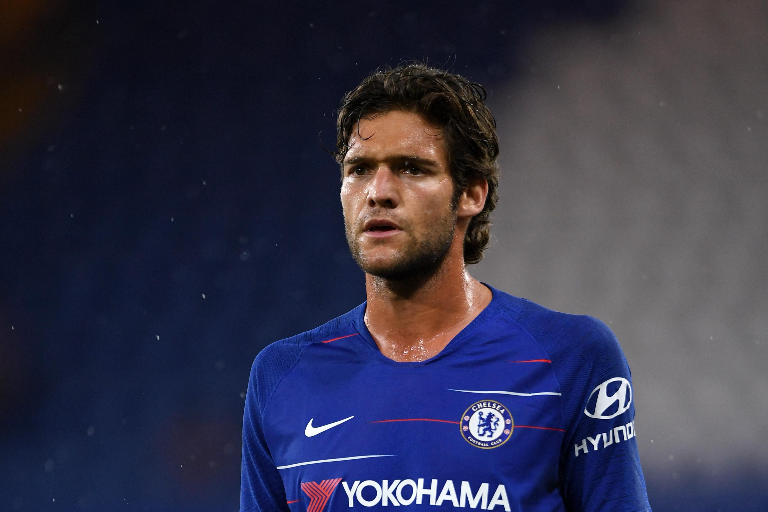 LONDON, ENGLAND - AUGUST 07: Marcos Alonso of Chelsea looks on during the pre-season friendly match between Chelsea and Lyon at Stamford Bridge on August 7, 2018 in London, England. (Photo by Mike Hewitt/Getty Images)