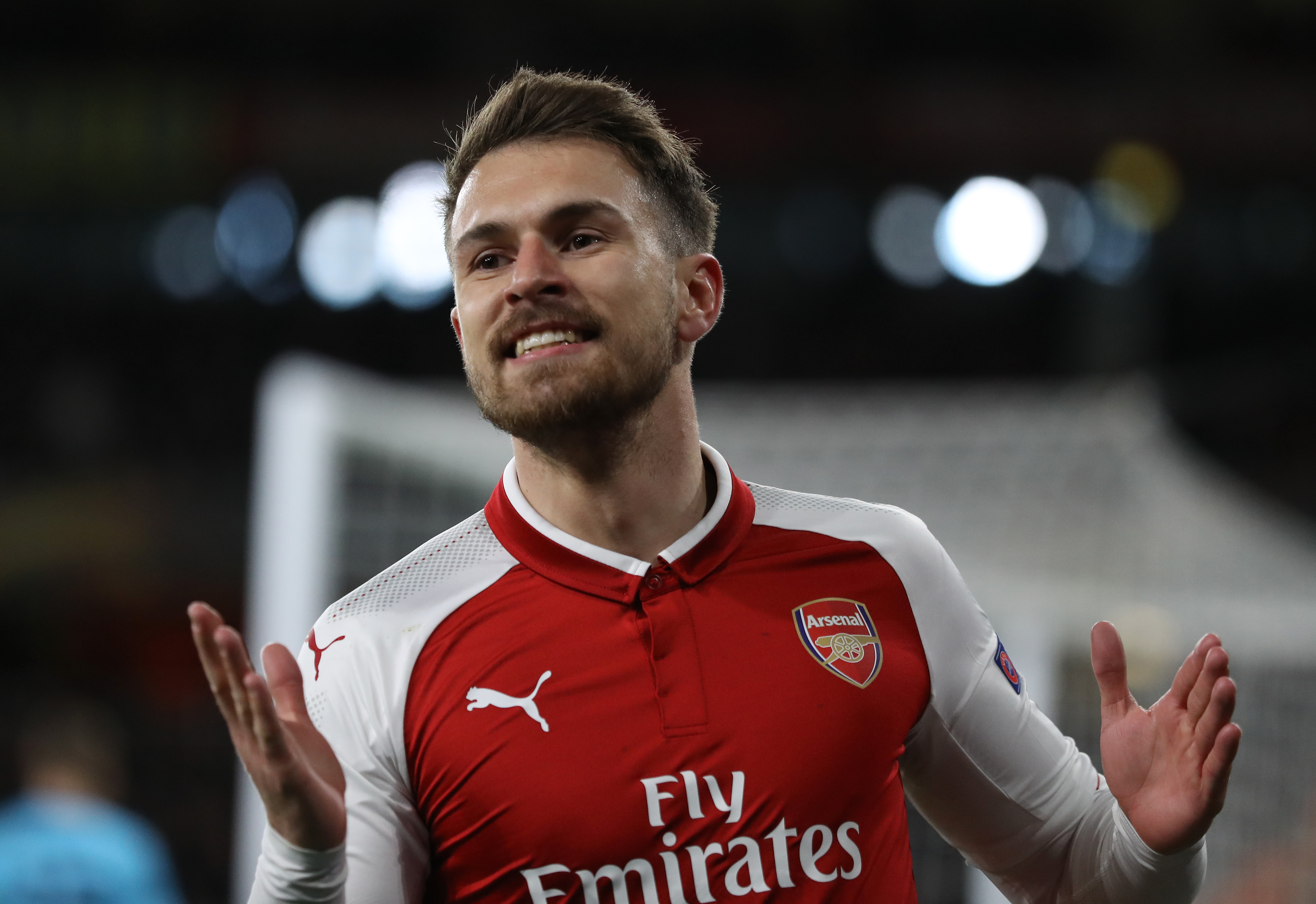 LONDON, ENGLAND - APRIL 05: Aaron Ramsey of Arsenal reacts after a missed chance during the UEFA Europa League quarter final leg one match between Arsenal FC and CSKA Moskva at Emirates Stadium on April 5, 2018 in London, United Kingdom. (Photo by Dan Istitene/Getty Images,)