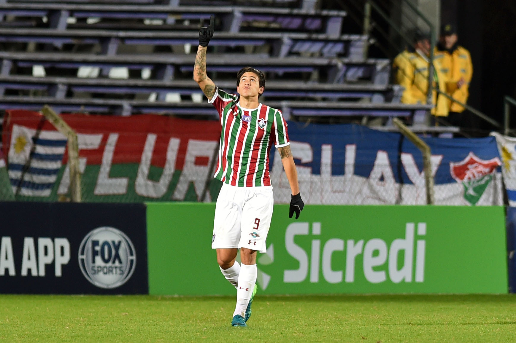 Brazil's Fluminense Pedro celebrates after scoring against Uruguay's Defensor Sporting, during their Copa Sudamericana football match at the Luis Franzini stadium in Montevideo, on 16 August 2018. (Photo by MIGUEL ROJO / AFP) (Photo credit should read MIGUEL ROJO/AFP/Getty Images)
