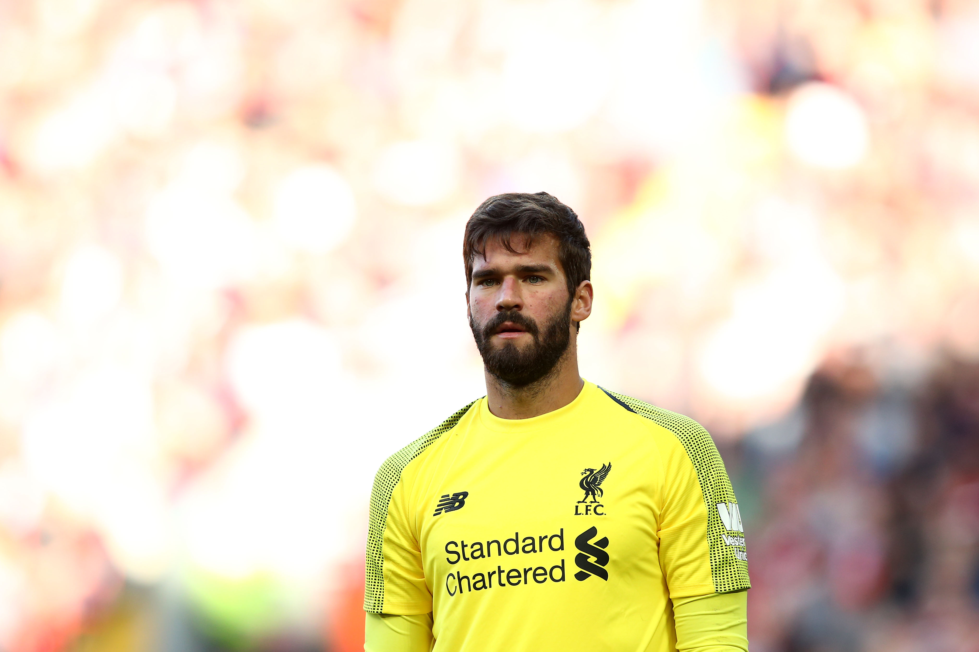 LIVERPOOL, ENGLAND - AUGUST 25: Alisson Becker of Liverpool looks on during the Premier League match between Liverpool FC and Brighton & Hove Albion at Anfield on August 25, 2018 in Liverpool, United Kingdom. (Photo by Jan Kruger/Getty Images)
