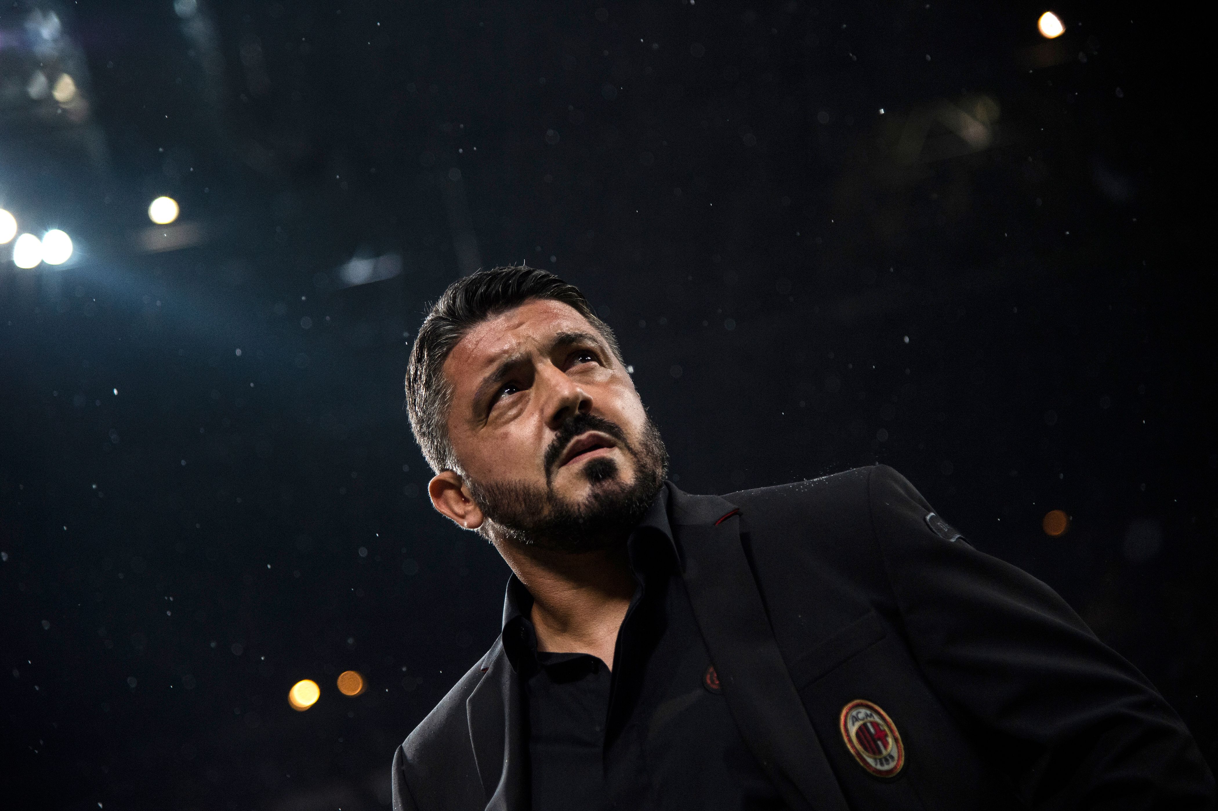 AC Milan's coach Gennaro Gattuso attends the Italian Serie A football match AC Milan vs AS Roma on August 31, 2018 at San Siro stadium' in Milan. (Photo by MARCO BERTORELLO / AFP) (Photo credit should read MARCO BERTORELLO/AFP/Getty Images)