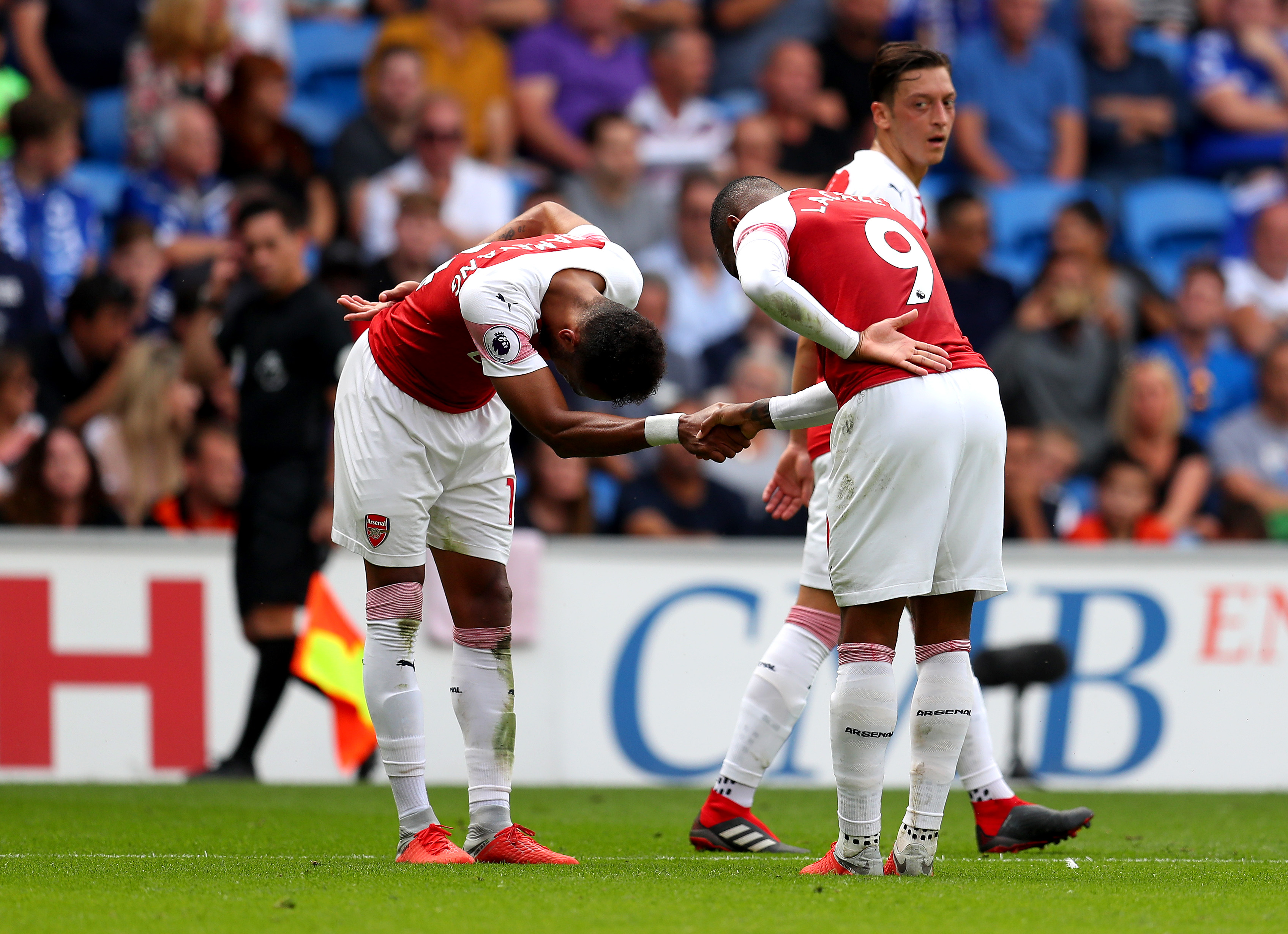 CARDIFF, WALES - SEPTEMBER 02: Alexandre Lacazette of Arsenal (9) celebrates with Pierre-Emerick Aubameyang as he scores his team's third goal during the Premier League match between Cardiff City and Arsenal FC at Cardiff City Stadium on September 2, 2018 in Cardiff, United Kingdom. (Photo by Catherine Ivill/Getty Images)