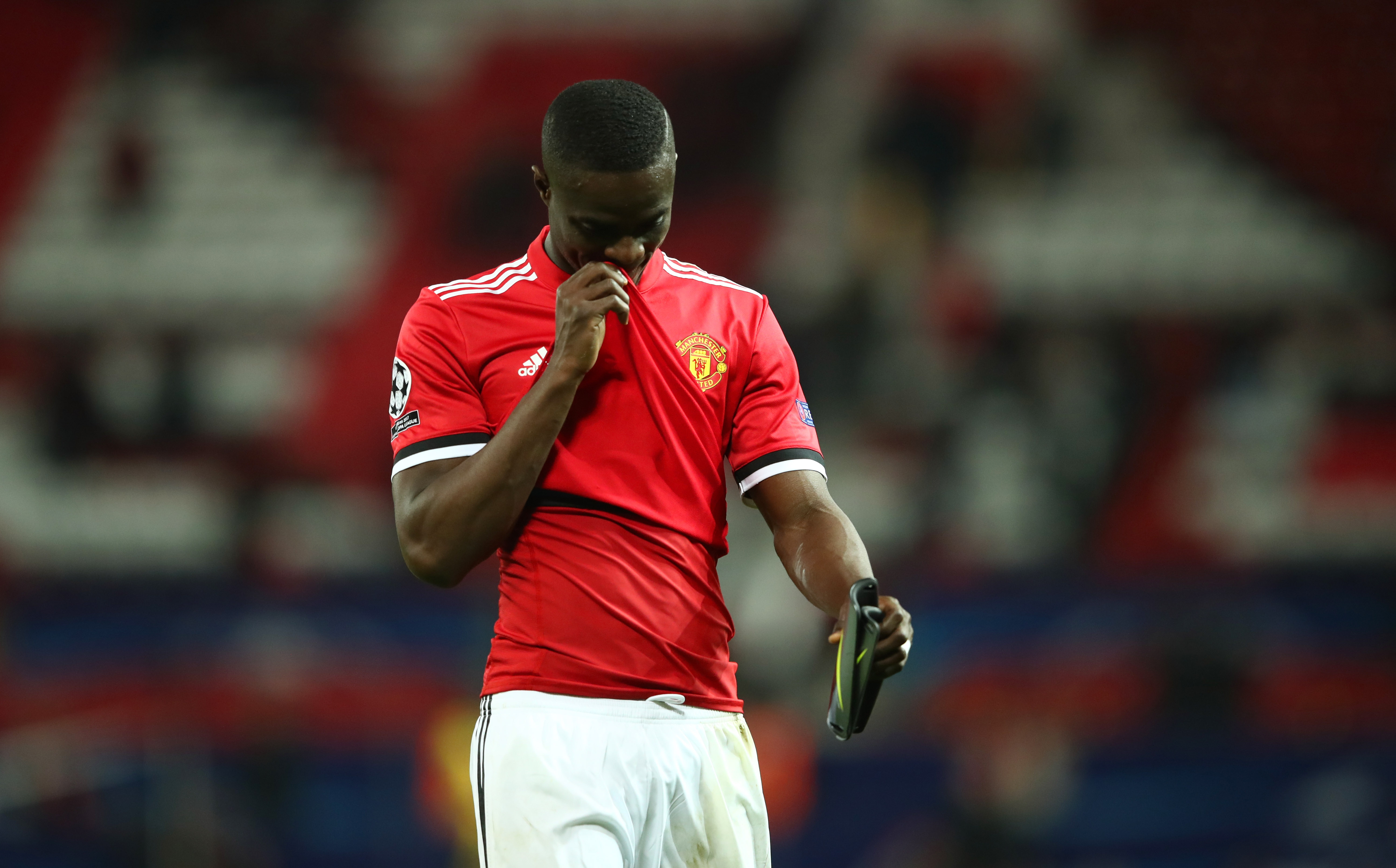 MANCHESTER, ENGLAND - MARCH 13: Eric Bailly of Manchester United looks dejected in defeat after the UEFA Champions League Round of 16 Second Leg match between Manchester United and Sevilla FC at Old Trafford on March 13, 2018 in Manchester, United Kingdom. (Photo by Clive Mason/Getty Images)