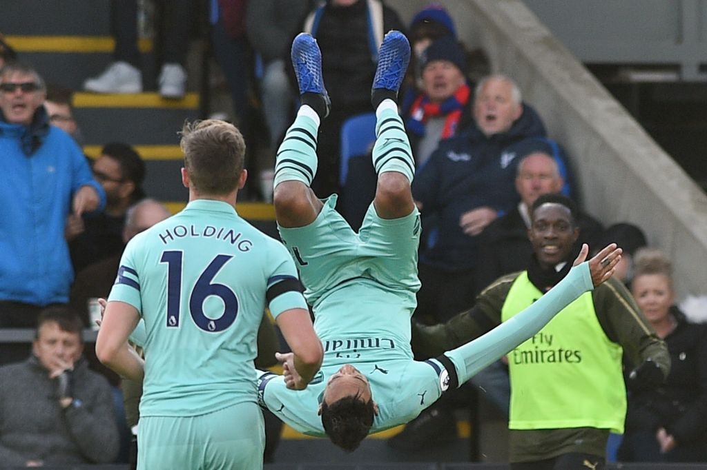Aubameyang celebrates after scoring Arsenal's second goal against Crystal Palace. (Photo courtesy: AFP/Getty)