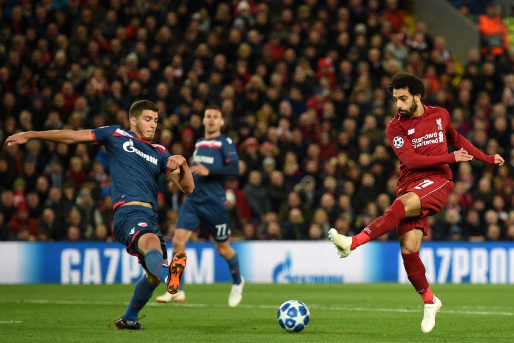 Salah hit the 50-goal landmark for Liverpool (Photo by OLI SCARFF/AFP/Getty Images)
