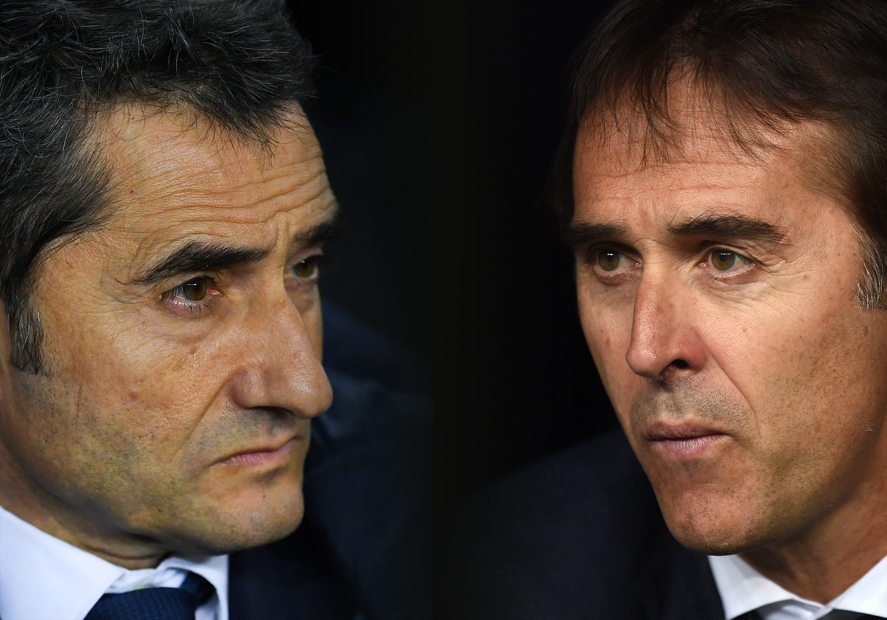 FILE PHOTO (EDITORS NOTE: COMPOSITE OF IMAGES - Image numbers 904100134,1038040072 - GRADIENT ADDED) In this composite image a comparison has been made between Head coach Ernesto Valverde of FC Barcelona (L) and Julen Lopetegui, head coach of Real Madrid. Barcelona and Real Madrid meet in the first El Clásico of the season on October 28, 2018 in Barcelona,Spain. ***LEFT IMAGE*** BARCELONA, SPAIN - JANUARY 11: Head coach Ernesto Valverde of FC Barcelona looks on during the Copa del Rey round of 16 second leg match between FC Barcelona and Celta de Vigo at Camp Nou on January 11, 2018 in Barcelona, Spain. (Photo by David Ramos/Getty Images) ***RIGHT IMAGE*** MADRID, SPAIN - SEPTEMBER 22: Julen Lopetegui, head coach of Real Madrid looks out from the bench before the start of the La Liga match between Real Madrid CF and RCD Espanyol at Estadio Santiago Bernabeu on September 22, 2018 in Madrid, Spain. (Photo by Denis Doyle/Getty Images,)