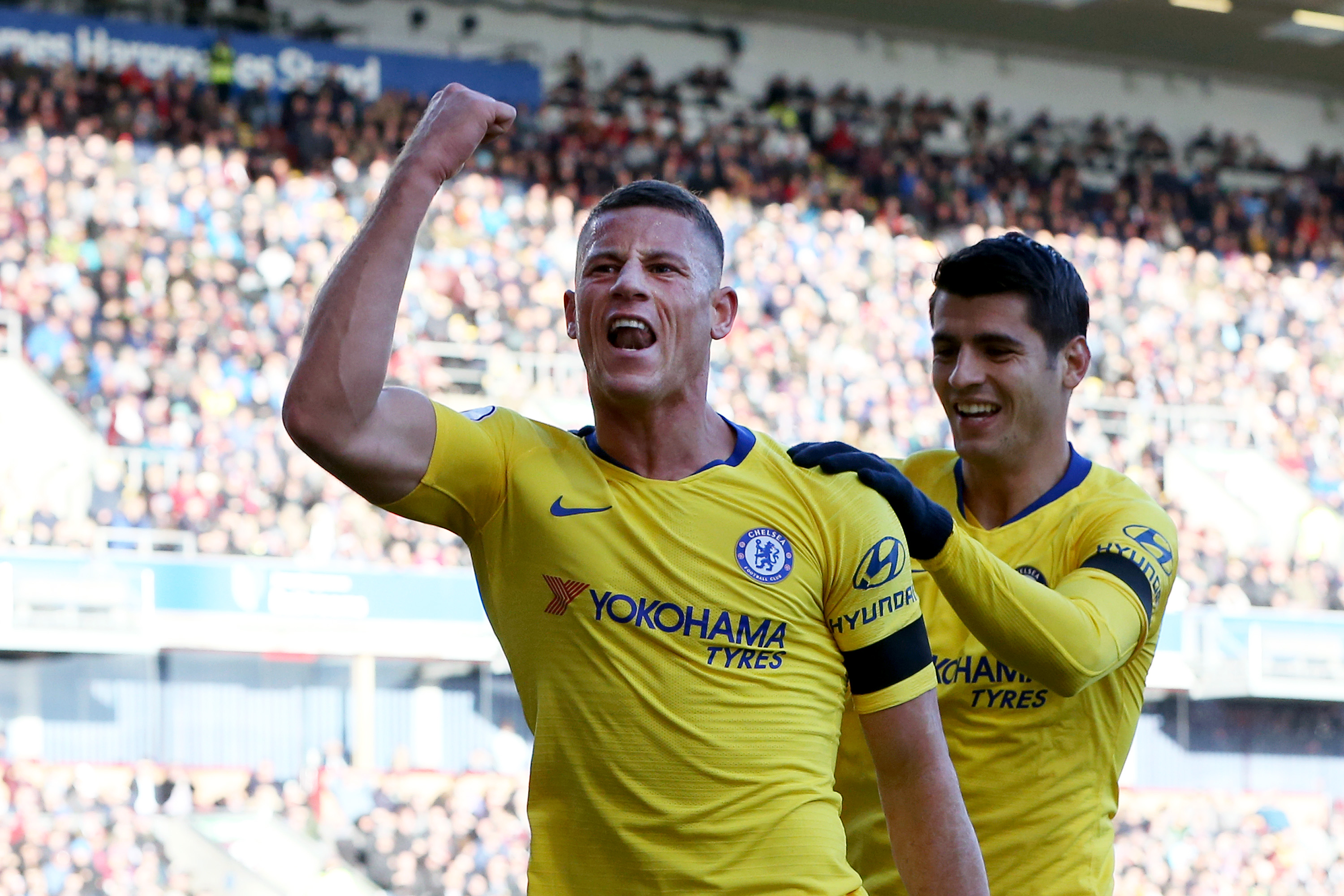 BURNLEY, ENGLAND - OCTOBER 28: Ross Barkley of Chelsea celebrates scoring his teams second goal with Alvaro Morata during the Premier League match between Burnley FC and Chelsea FC at Turf Moor on October 28, 2018 in Burnley, United Kingdom. (Photo by Nigel Roddis/Getty Images)